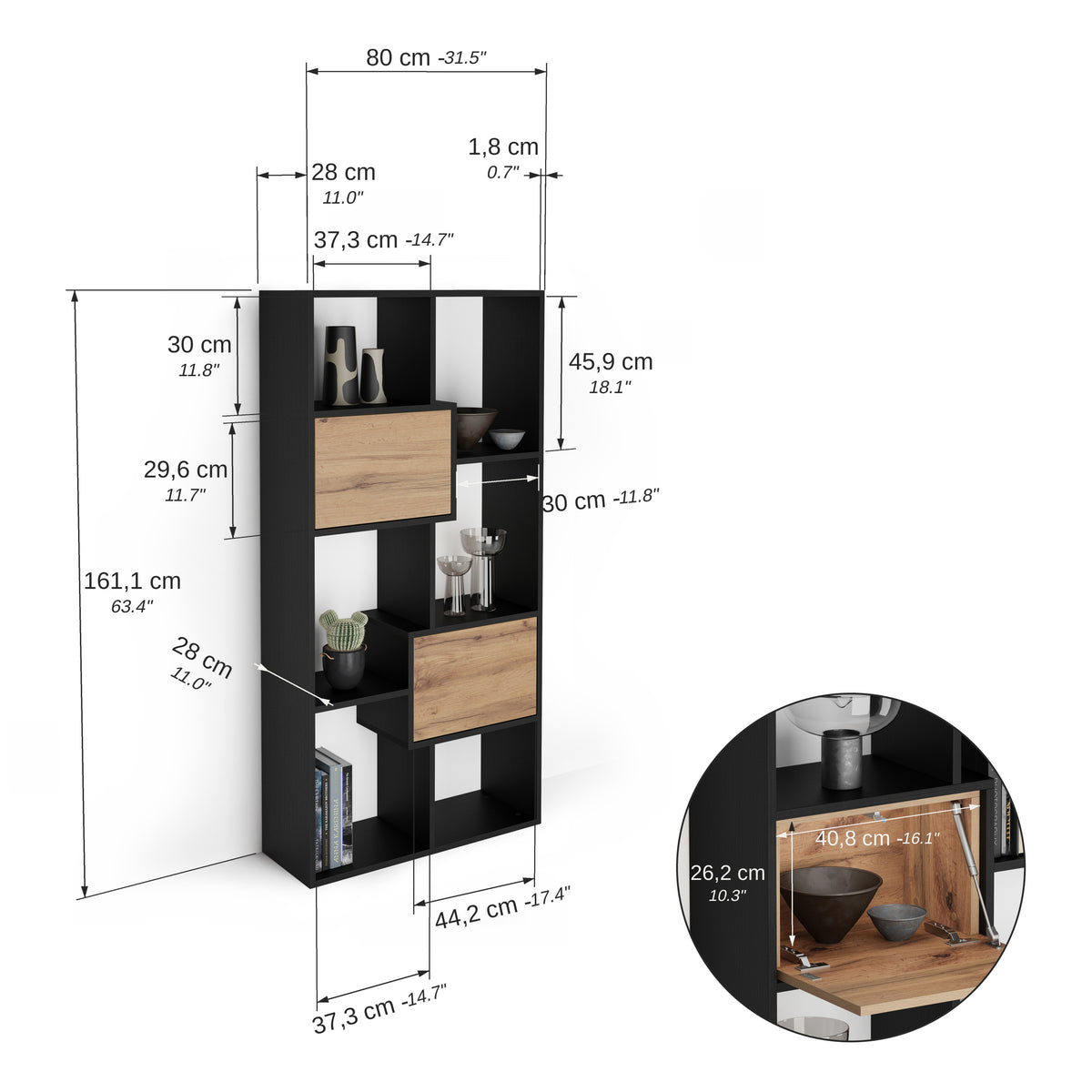 Niska biblioteczka XS Iacopo Czarny Jesion z drzwiami Dąb Rustykalny (160,8 x 80 cm) - Immagine tecnica 1