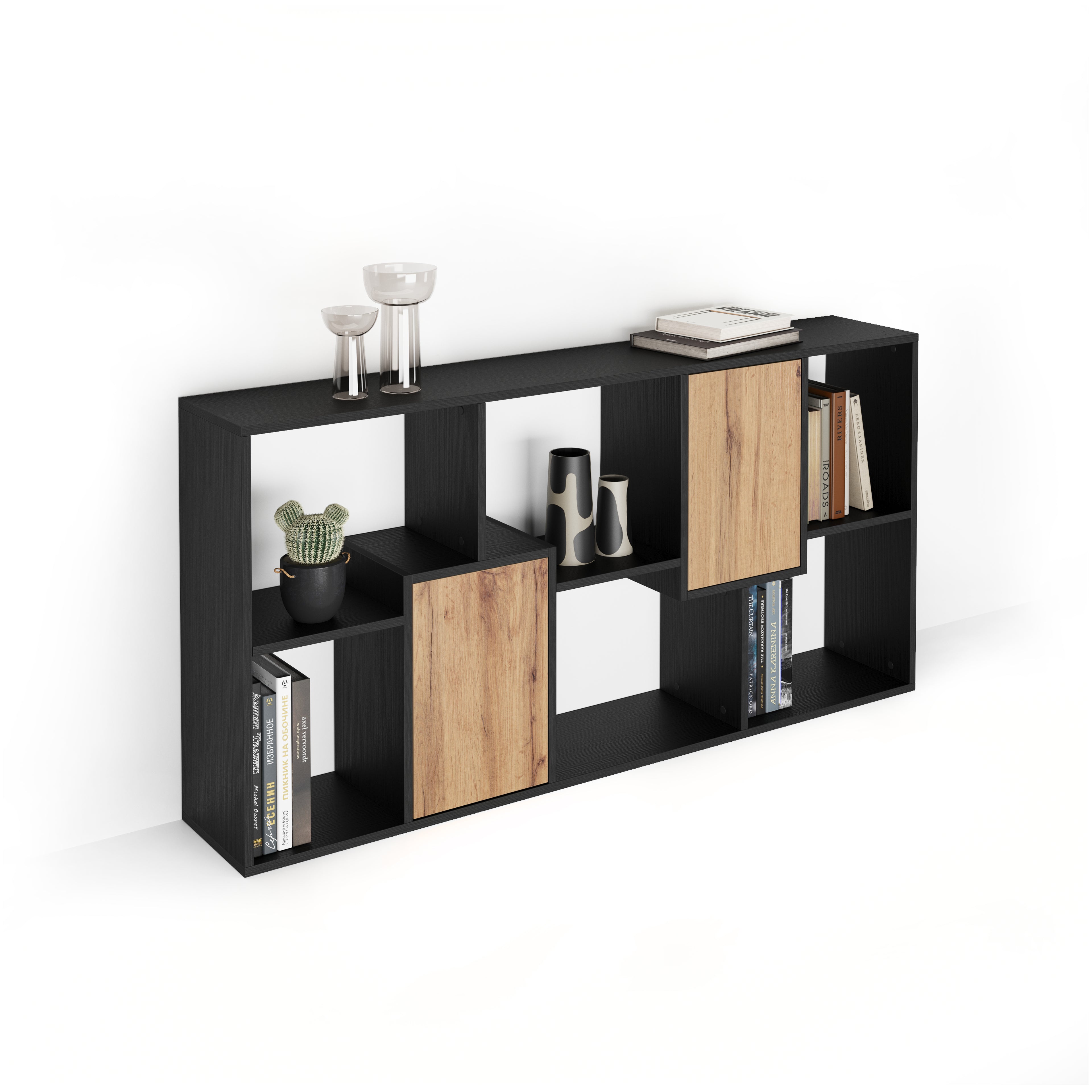 Bücherregal XS Iacopo Esche, Schwarz mit Türen aus rustikale Eiche (160,8 x 80 cm)