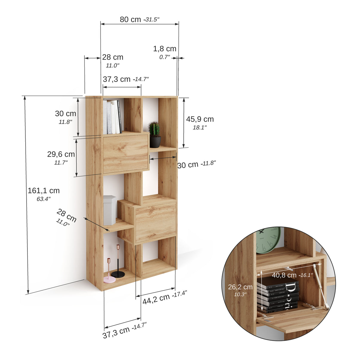 Niska biblioteczka XS Iacopo z drzwiczkami (160,8 x 80 cm), Dąb Rustykalny - Immagine tecnica 1
