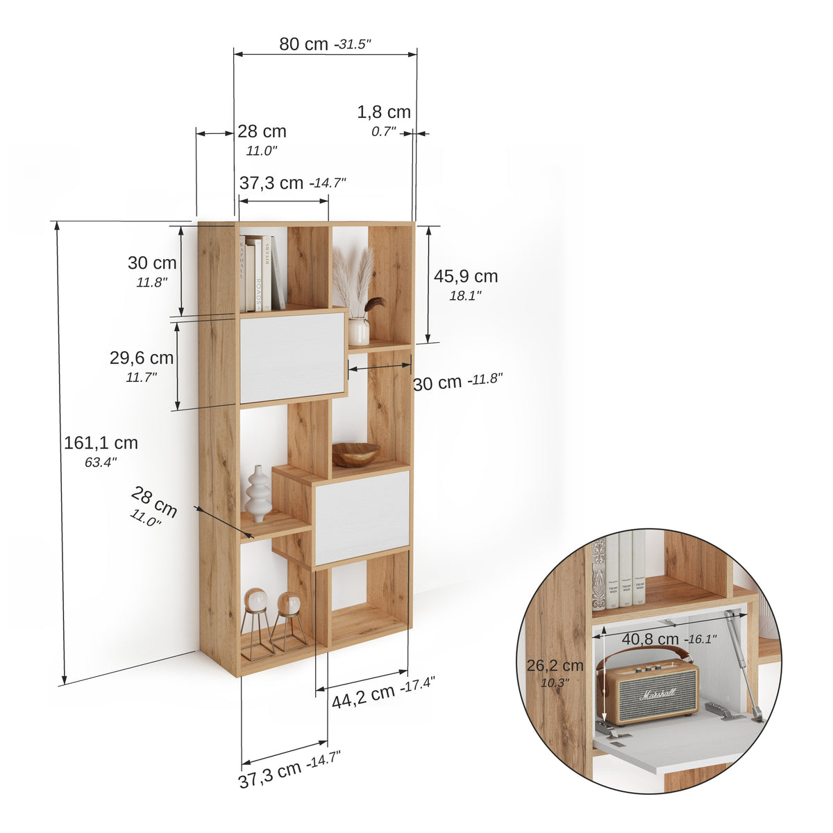 Niska biblioteczka XS Iacopo Rustykalny Dąb z drzwiczkami Biały Jesion (160,8 x 80 cm) - Immagine tecnica 1
