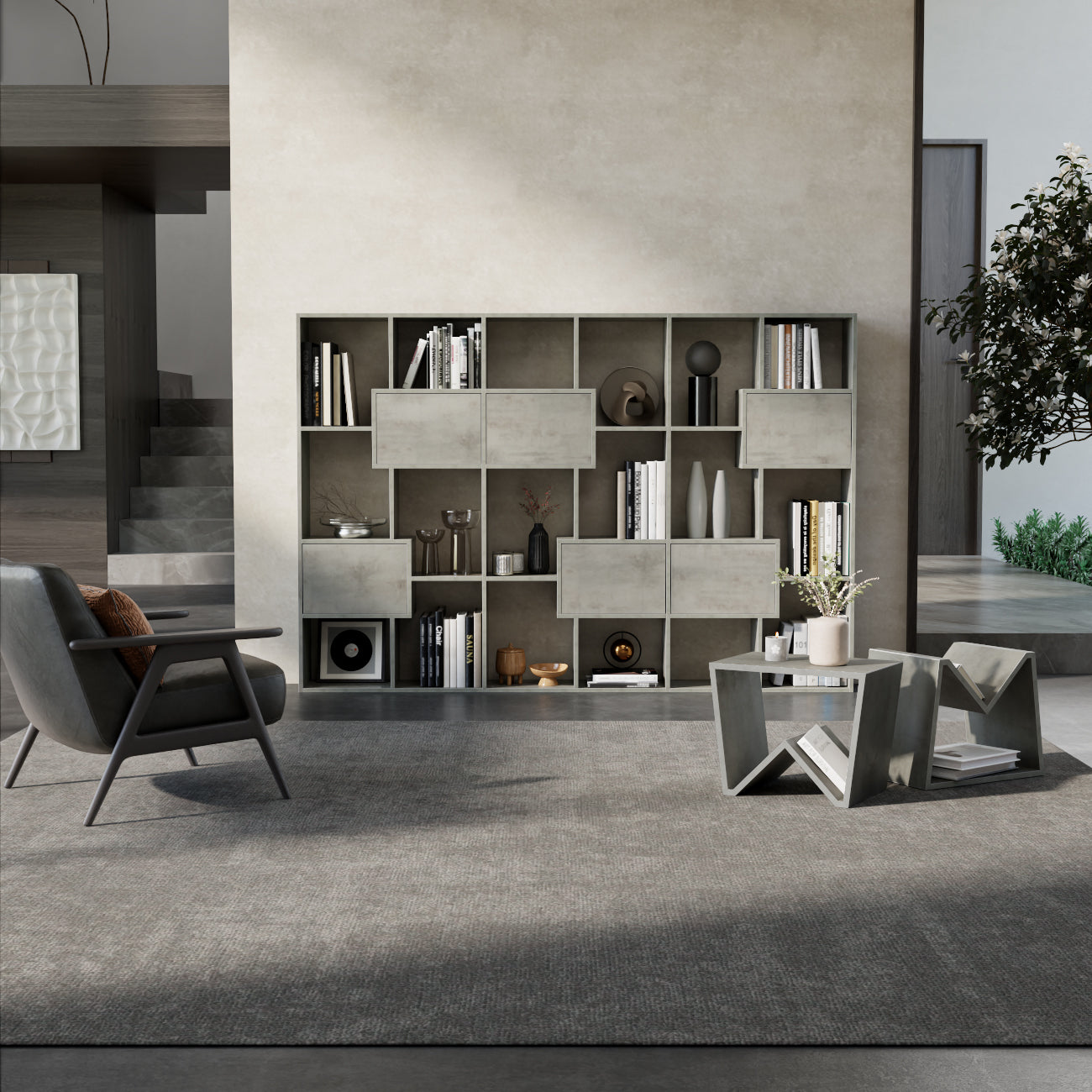 Iacopo M Bookcase with panel doors (160.8 x 236.4 cm), Concrete Effect, Grey - Set image 1