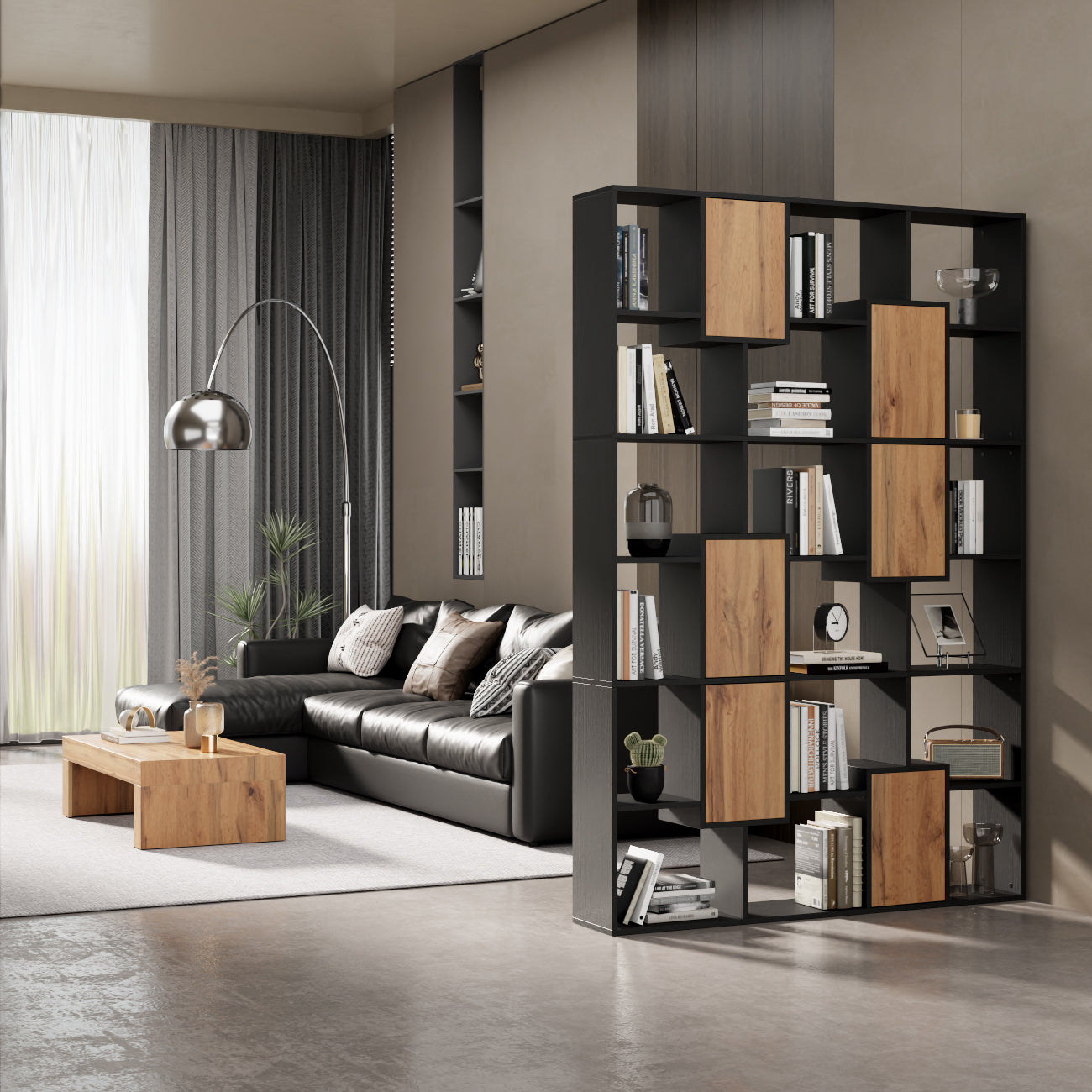 Iacopo XL Bookcase Ashwood Black with Rustic Oak Doors (126.6 x 93.1 in) - Set image 1