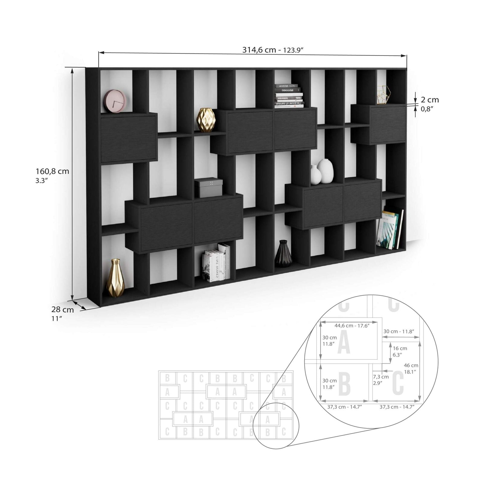 Iacopo L Bookcas with panel doors (63.3 x 123.9 in), Ashwood Black - Immagine tecnica 1