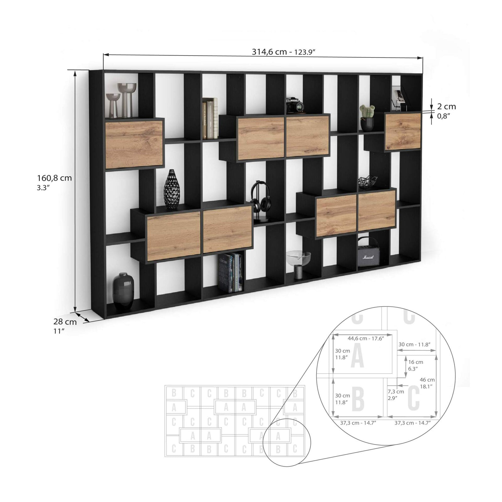 Iacopo L Bookcase Ashwood Black with Rustic Oak Doors (63.3 x 123.8 in) - Immagine tecnica 1