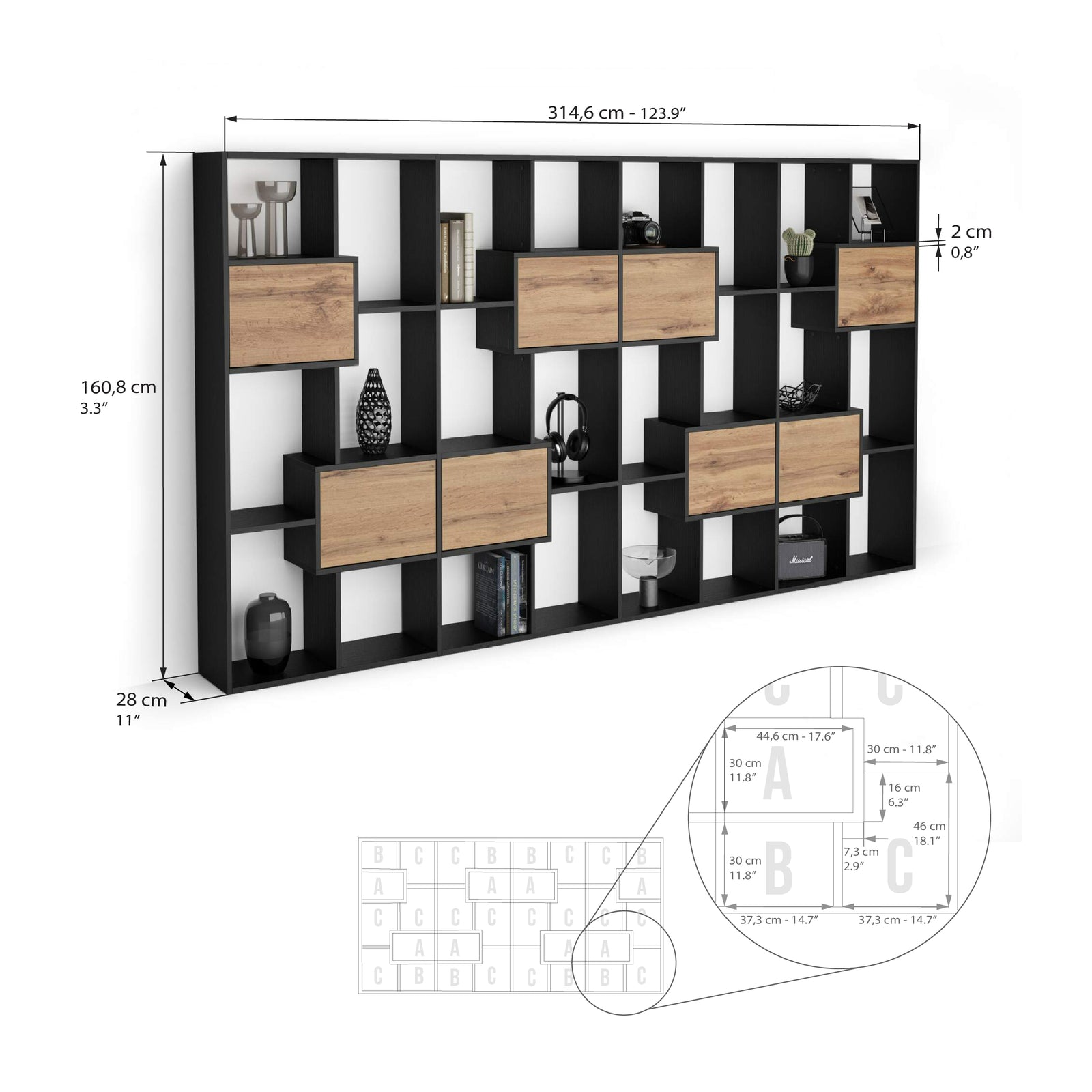 Bücherregal L Iacopo Esche, Schwarz mit Türen aus rustikale Eiche (160,8 x 314,6 cm) - Immagine tecnica 1
