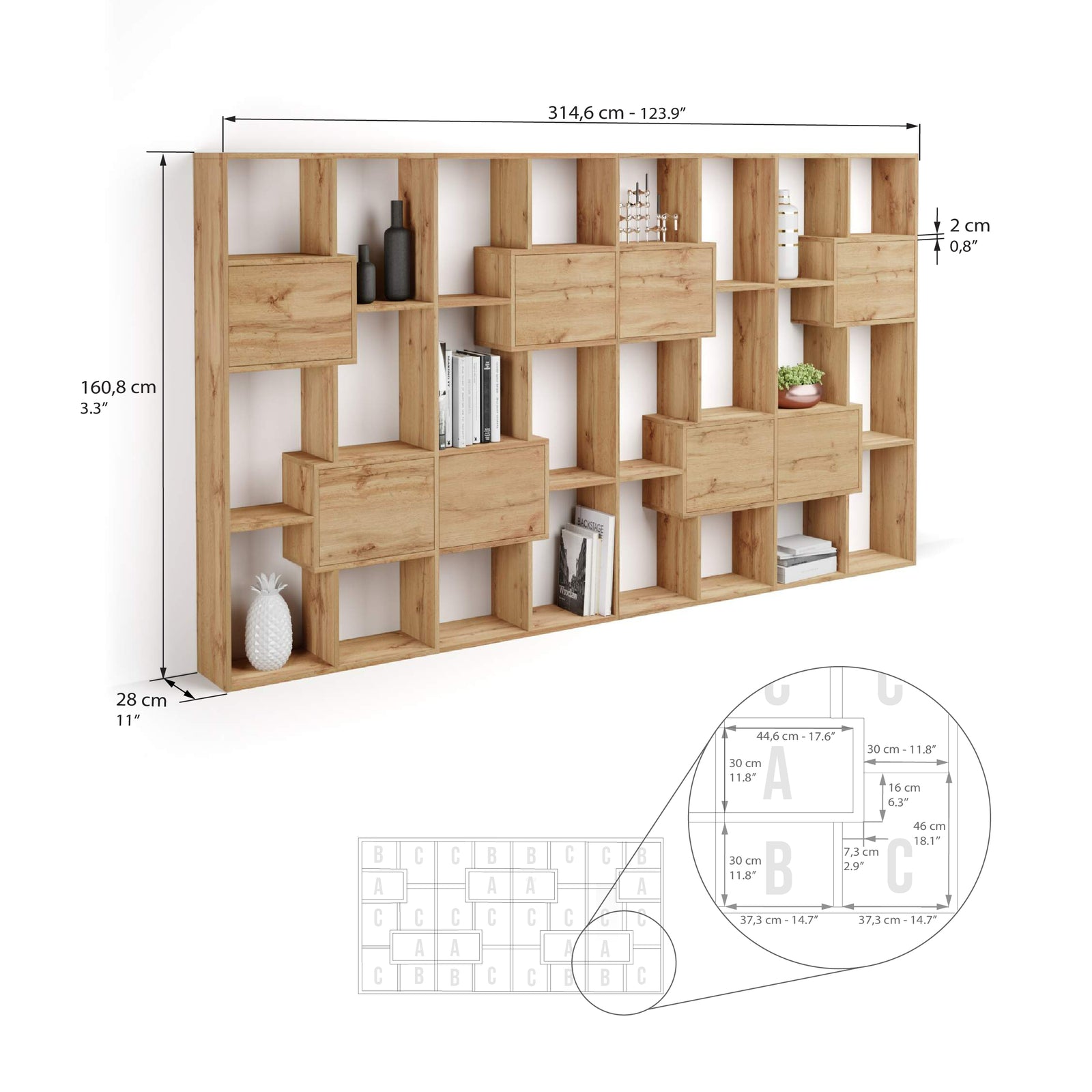 Iacopo L-Bücherregal mit Paneeltüren (160,8 x 314,6 cm), rustikale Eiche - Immagine tecnica 1