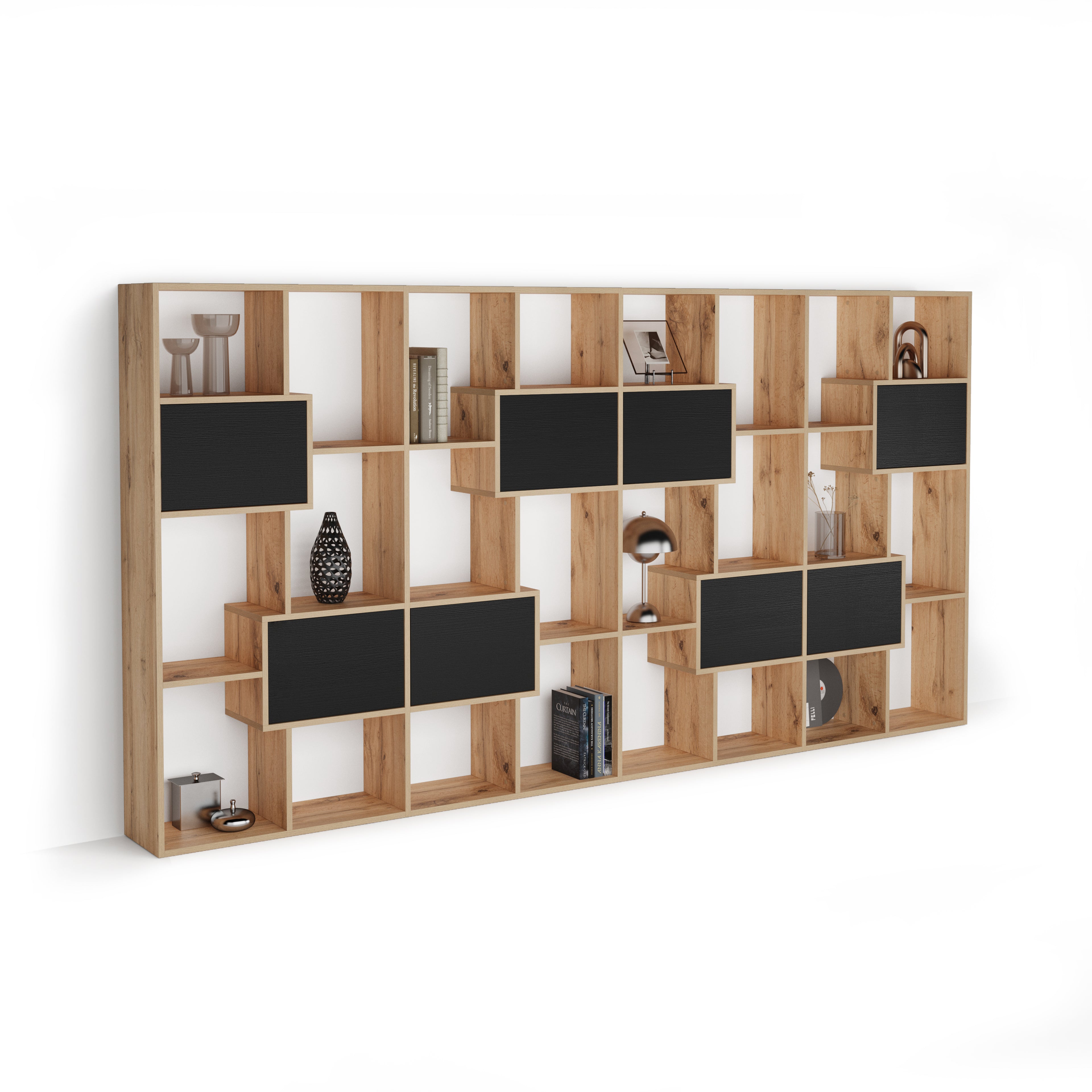 Iacopo L Bookcase Rustic Oak with Ashwood Black Doors (63.3 x 123.8 in) - Main image