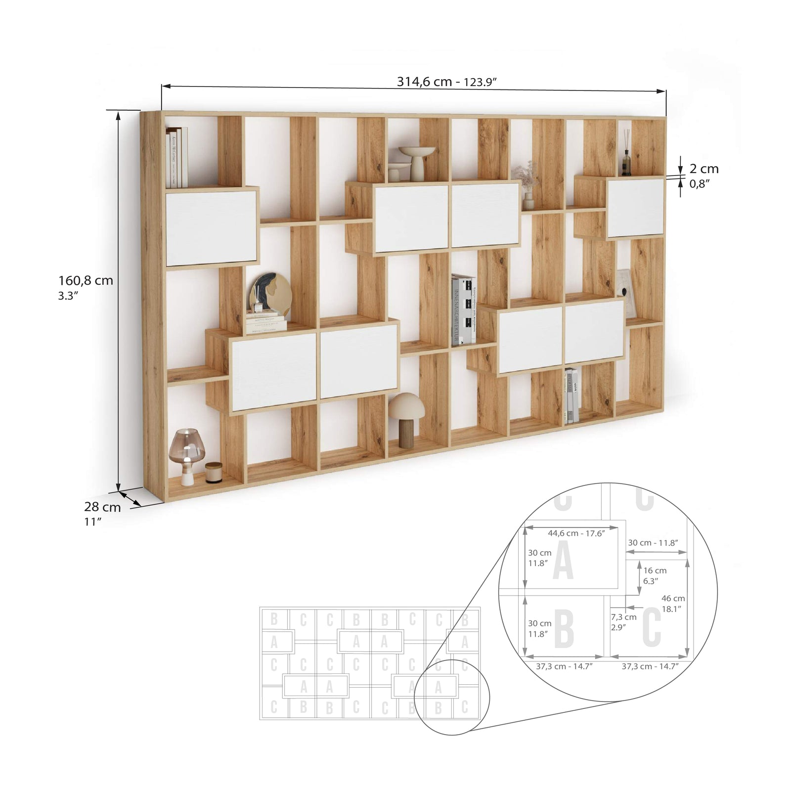 Bücherregal L Iacopo rustikale Eiche mit Türen aus Esche, Weiß (160,8 x 314,6 cm) - Immagine tecnica 1