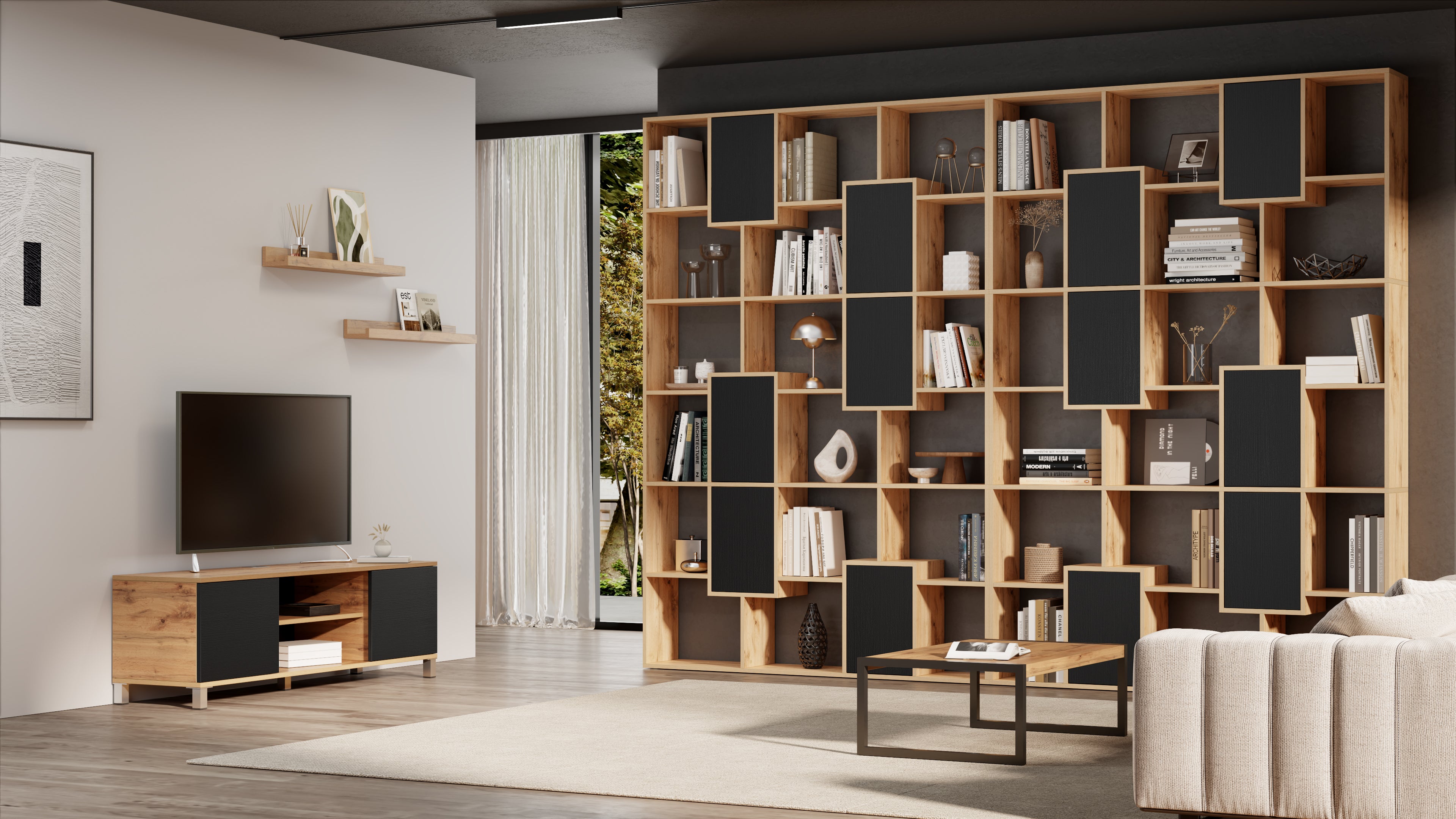 Rachele TV-Schrank, rustikale Eiche und Esche, Schwarz - Set image 1