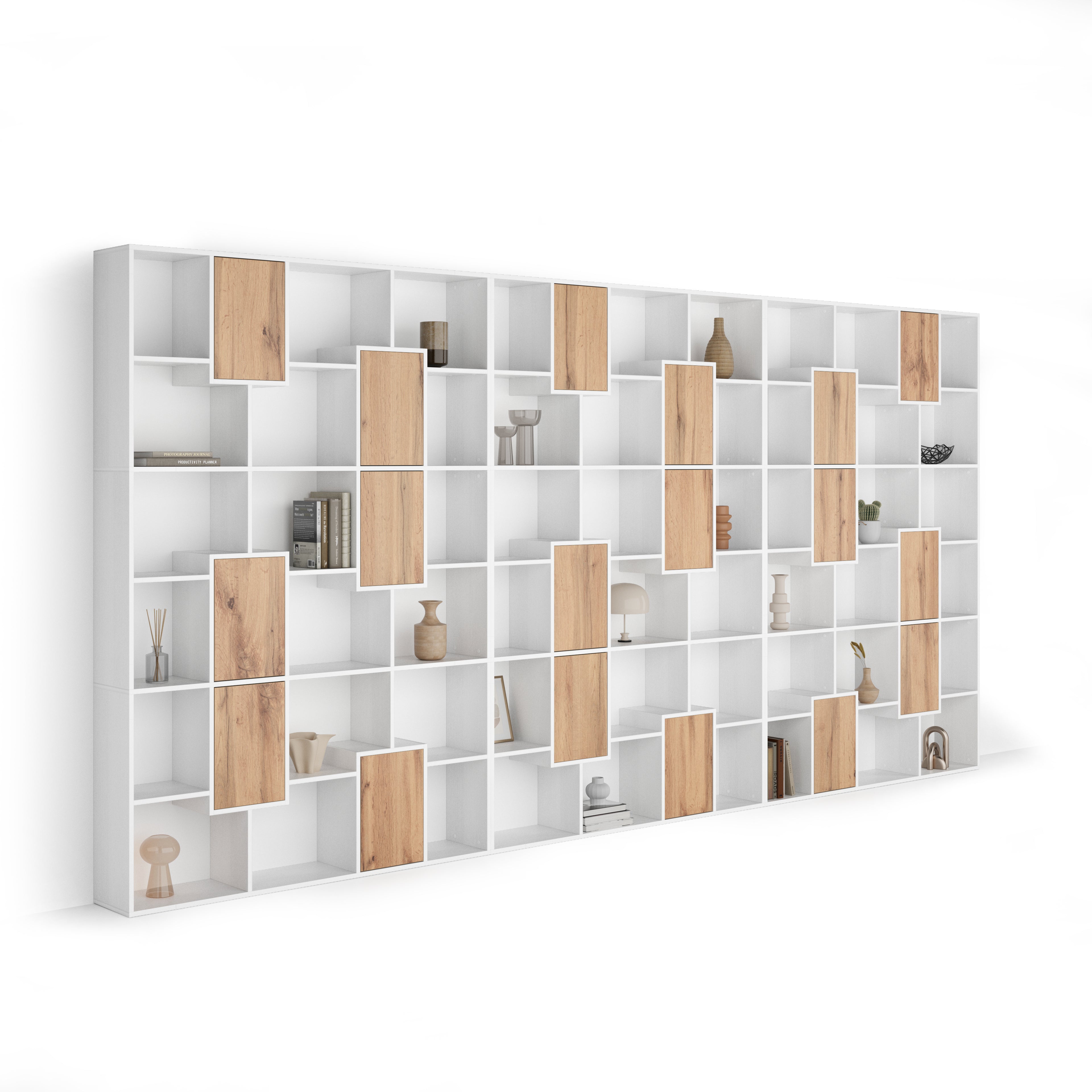 Bücherregal XXL Iacopo Esche, Weiß mit Türen aus rustikaXLe Eiche (482,4 x 236,4 cm) - Main image