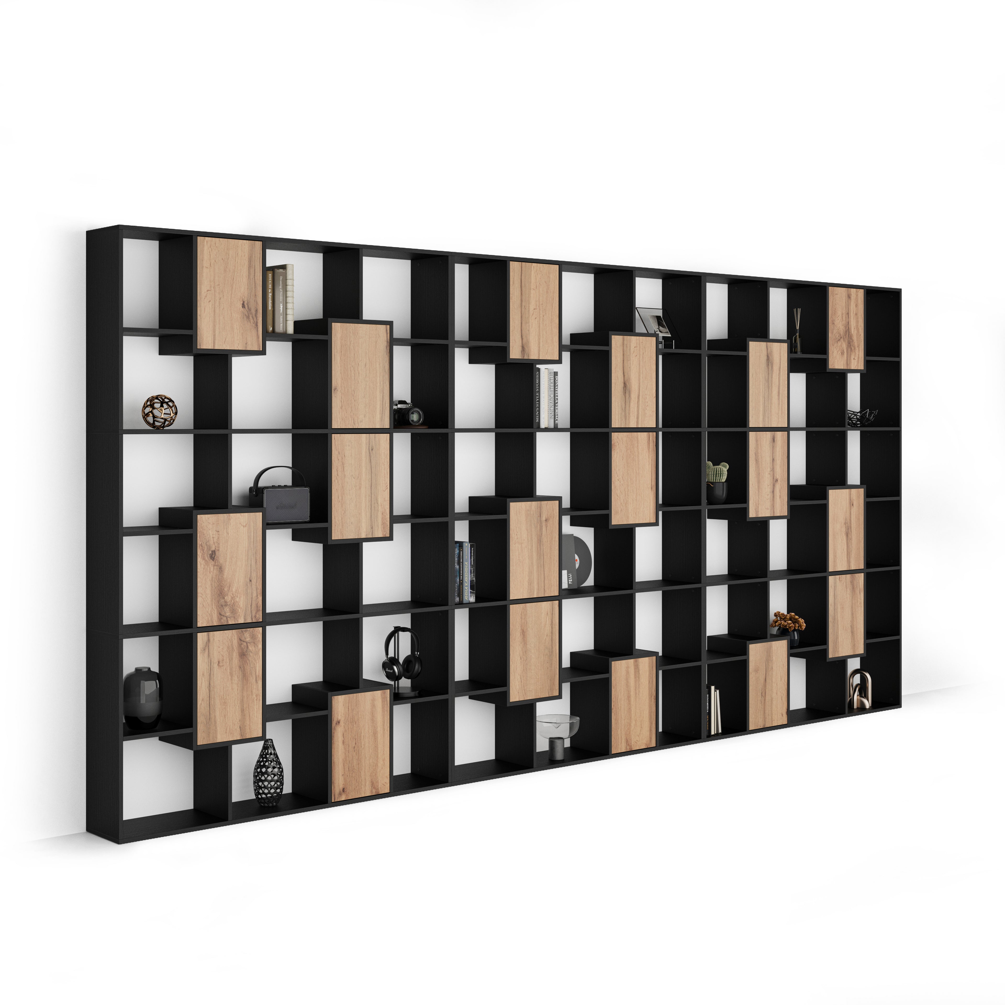Bücherregal XXL Iacopo Esche, Schwarz mit Türen aus rustikaXLe Eiche (482,4 x 236,4 cm)