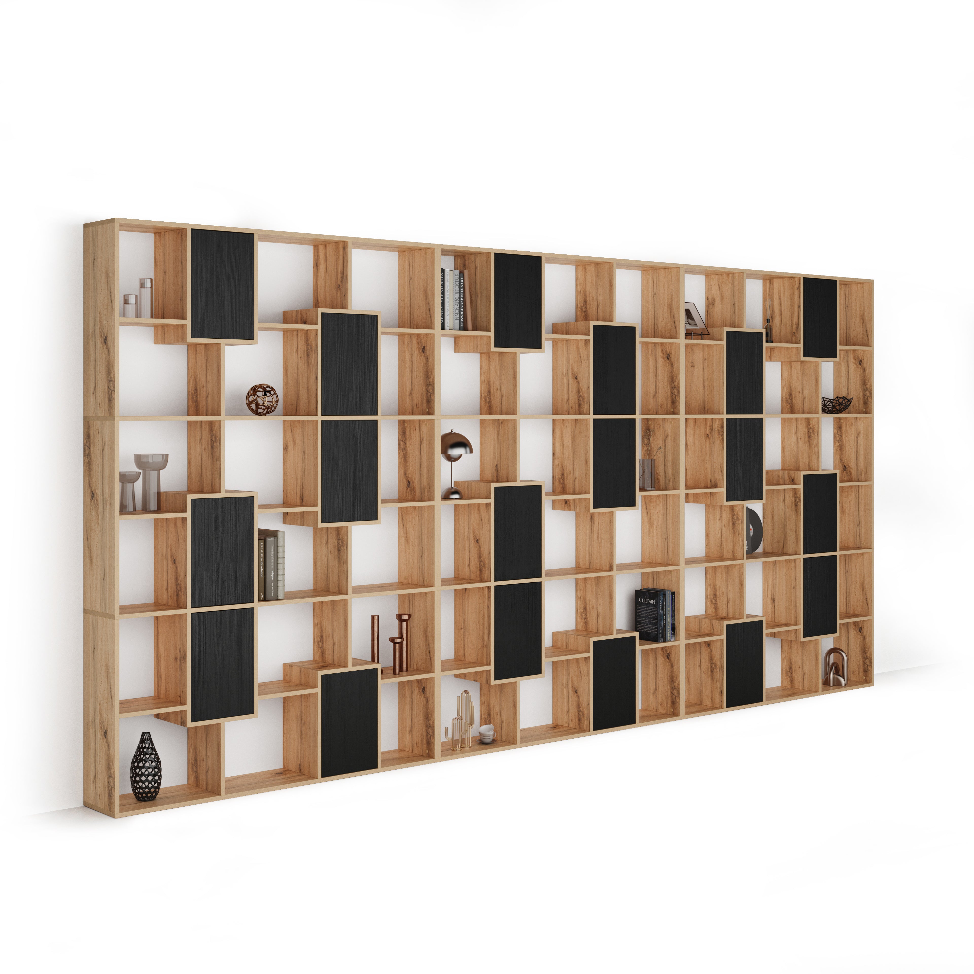 Bücherregal XXL Iacopo rustikaXLe Eiche mit Türen aus Esche, Schwarz (482,4 x 236,4 cm) - Main image