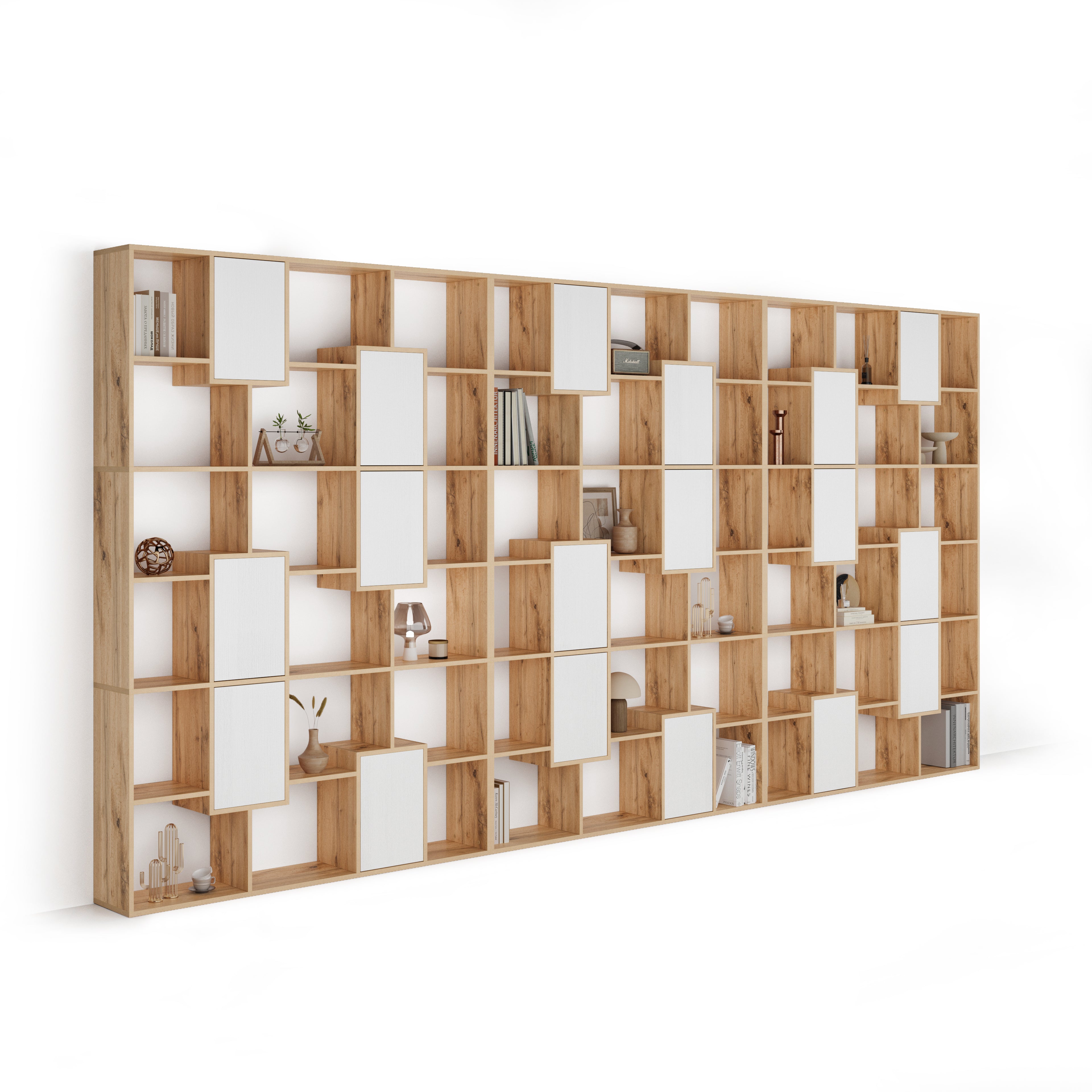 Bücherregal XXL Iacopo rustikaXLe Eiche mit Türen aus Esche, Weiß (482,4 x 236,4 cm) - Main image