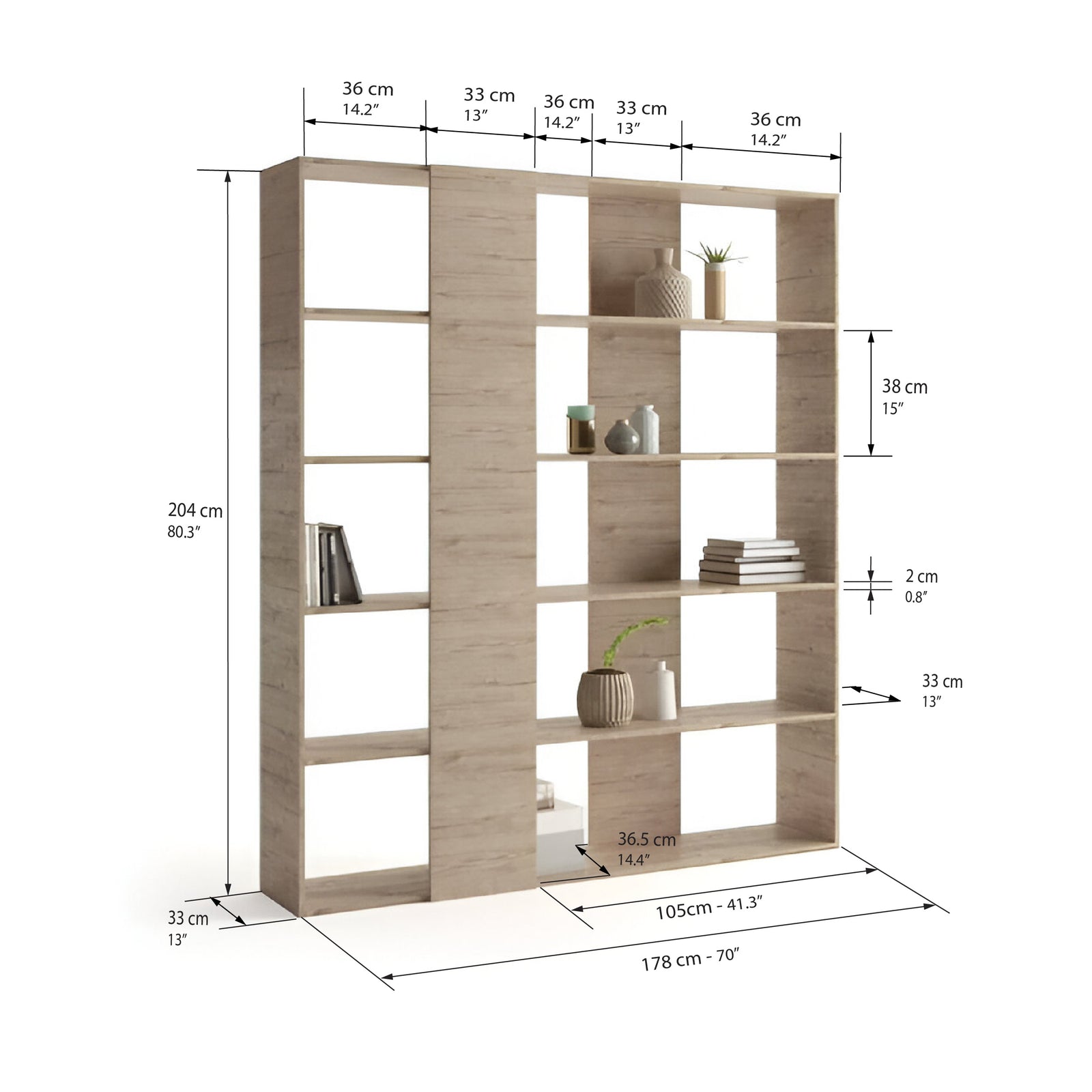 Bibliothèque, Rachele, en mélaminé, Chêne - Immagine tecnica 1