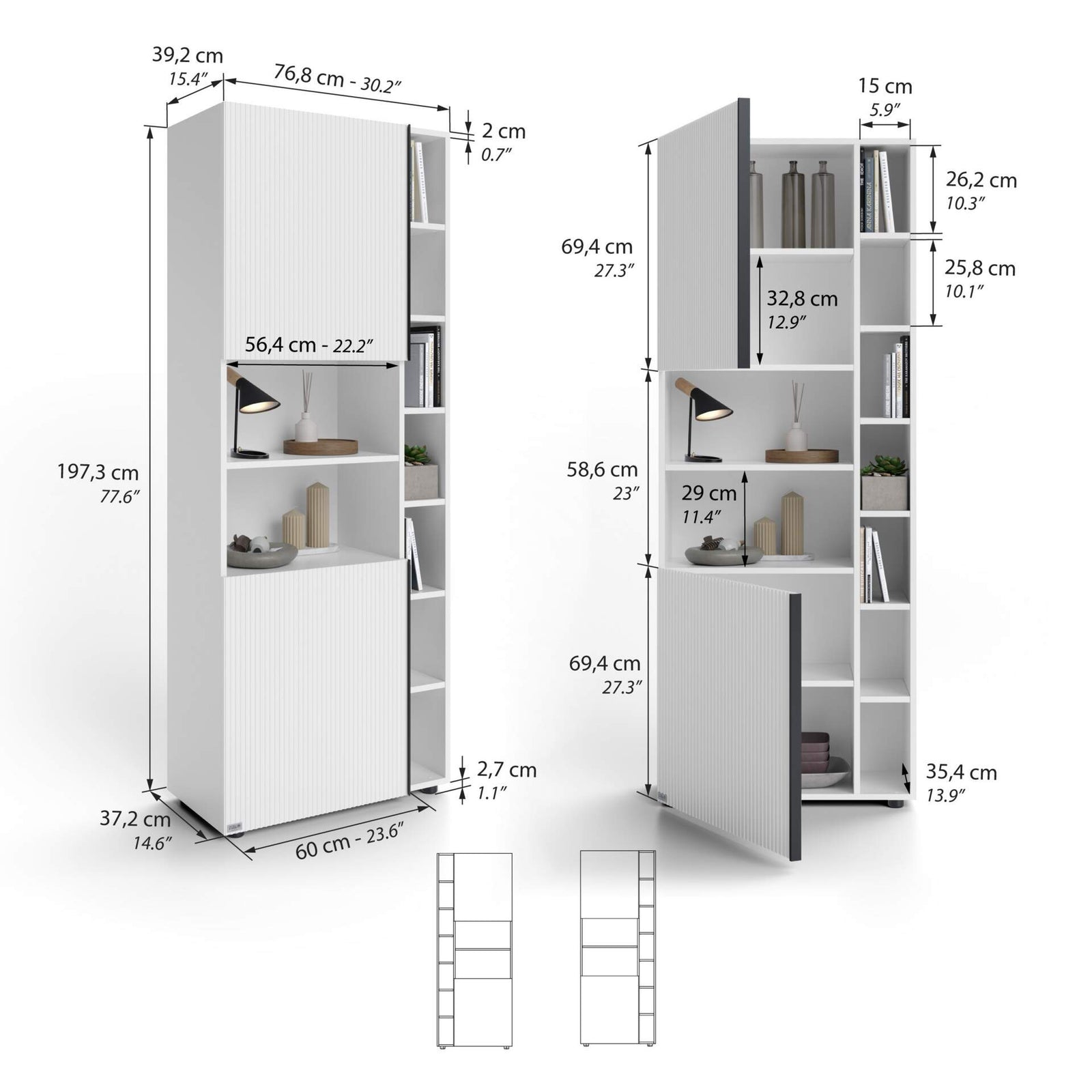 Modulares Bücherregal Romina mit gerillten Türen (153,6 x 200 cm), Weiß Matt - Immagine tecnica 1