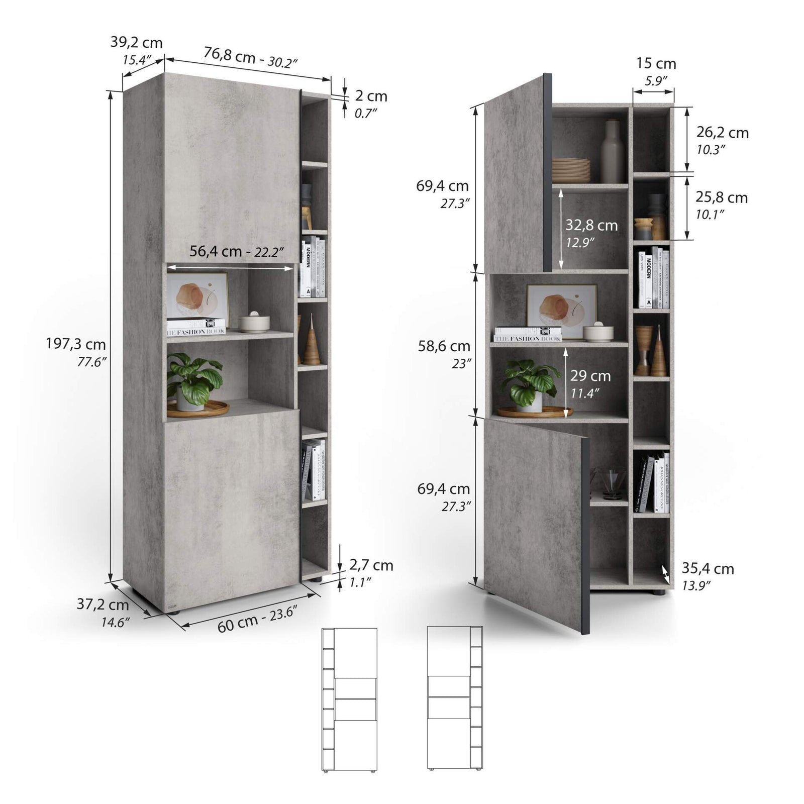 Romina Modular Bookcase (153,6 x 200 cm), Concrete Grey Effect - Immagine tecnica 1