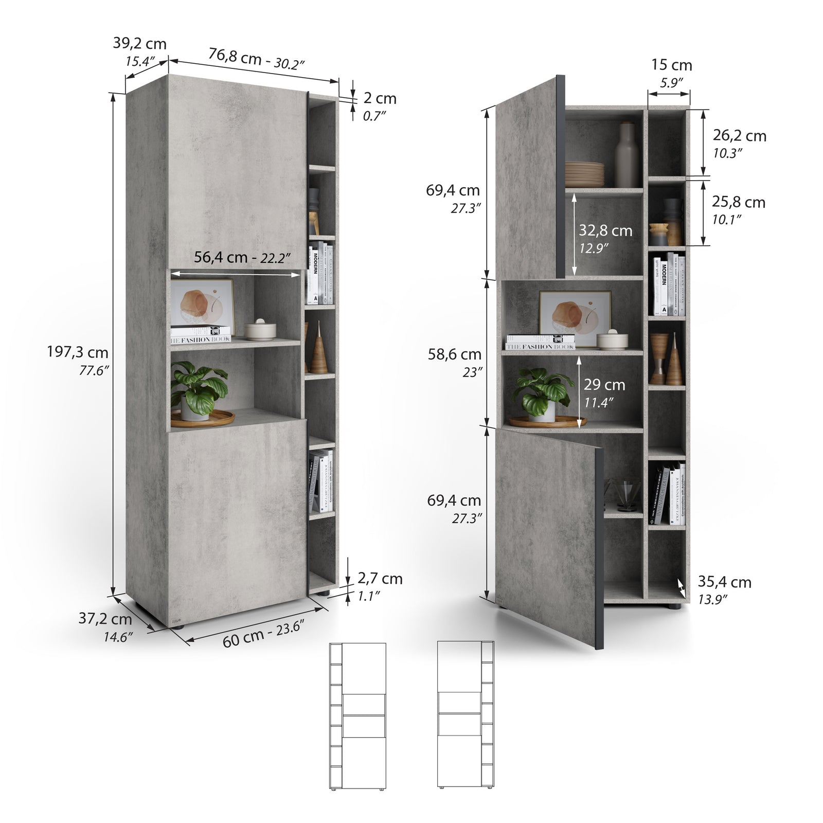 Estantería Modular Romina (76,8 x 200 cm), Cemento Gris - Immagine tecnica 1