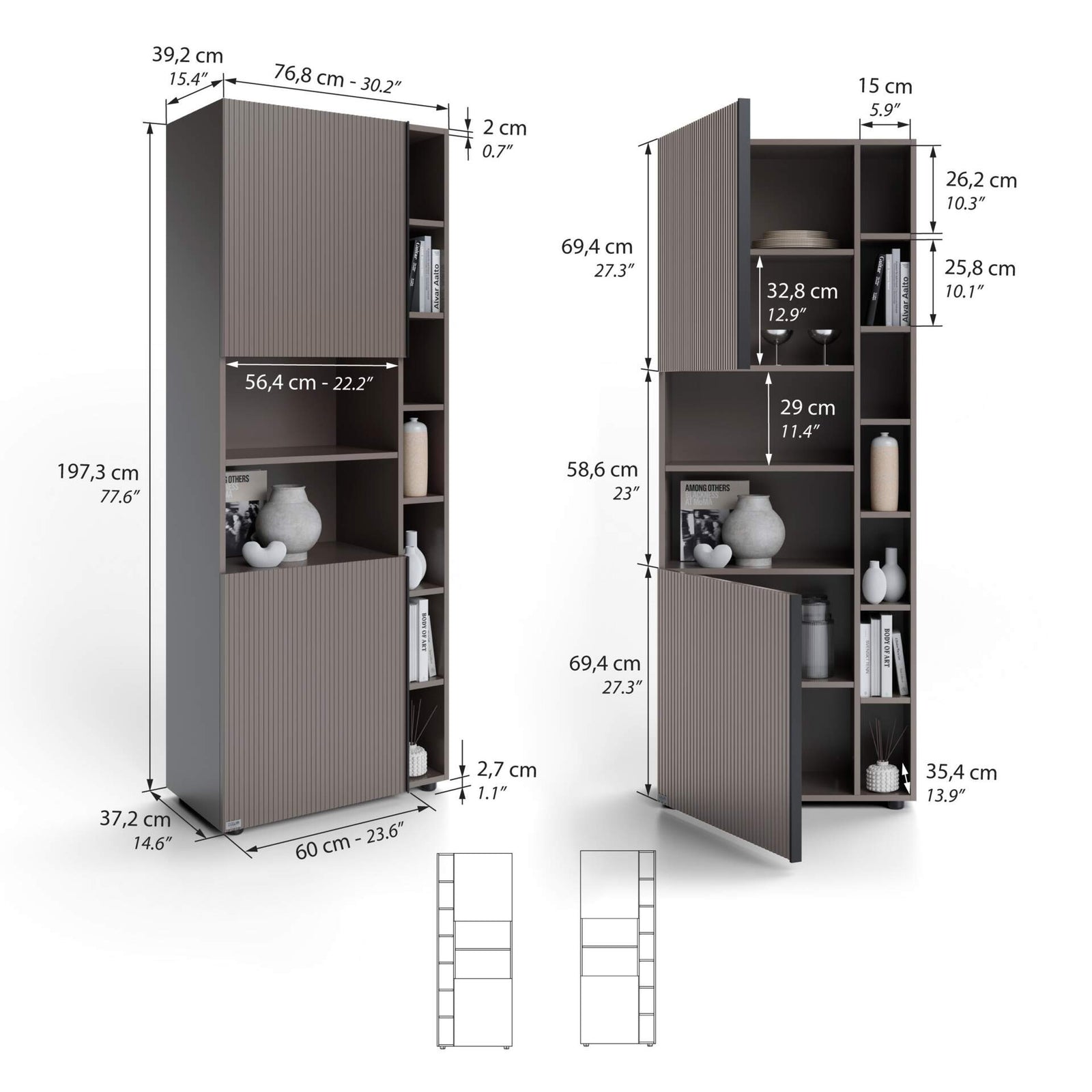Modulares Bücherregal Romina mit gerillten Türen (153,6 x 200 cm), Kobaltgrau - Immagine tecnica 1