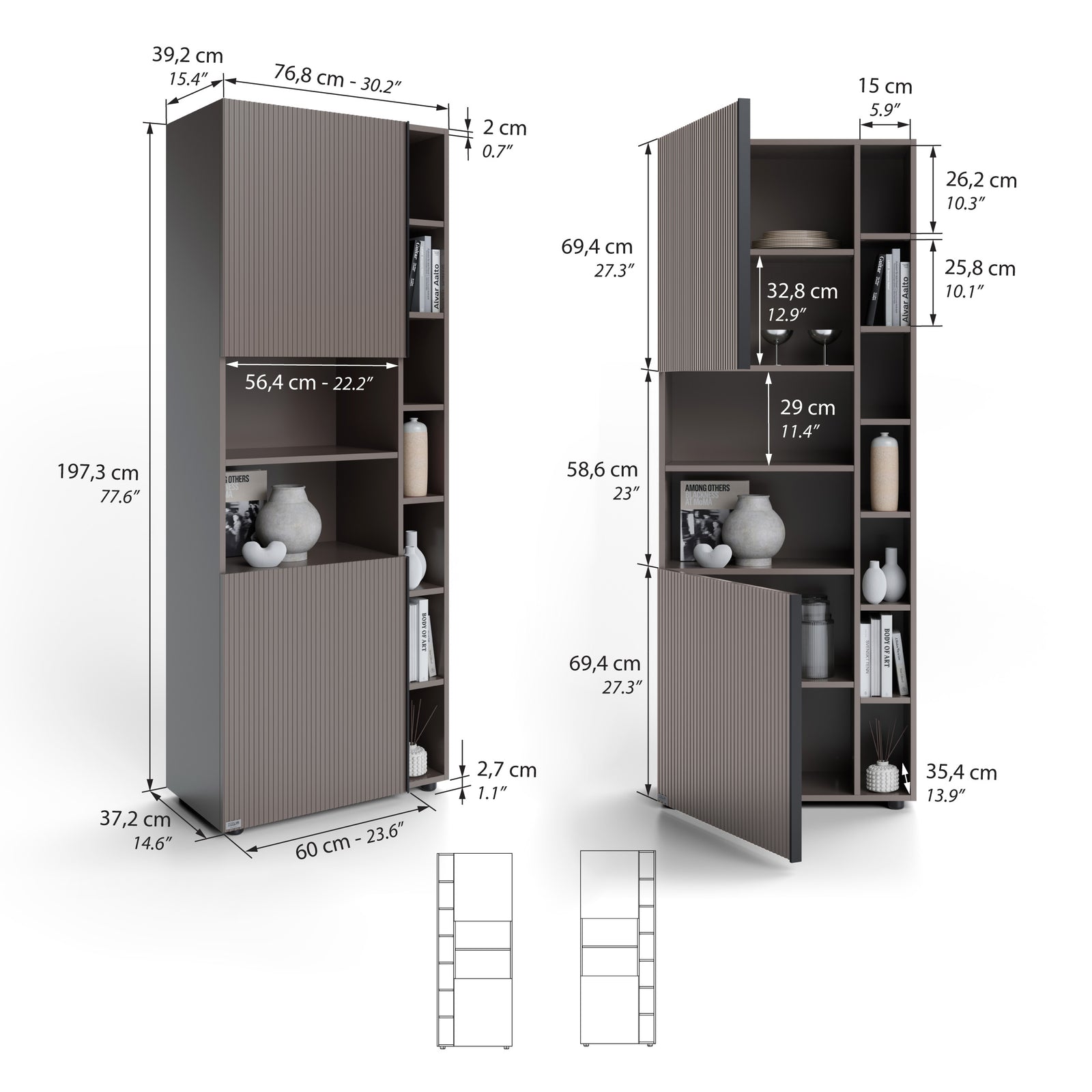 Estantería Modular Romina con puertas acanaladas (153,6 x 200 cm), Gris Cobalto - Immagine tecnica 1