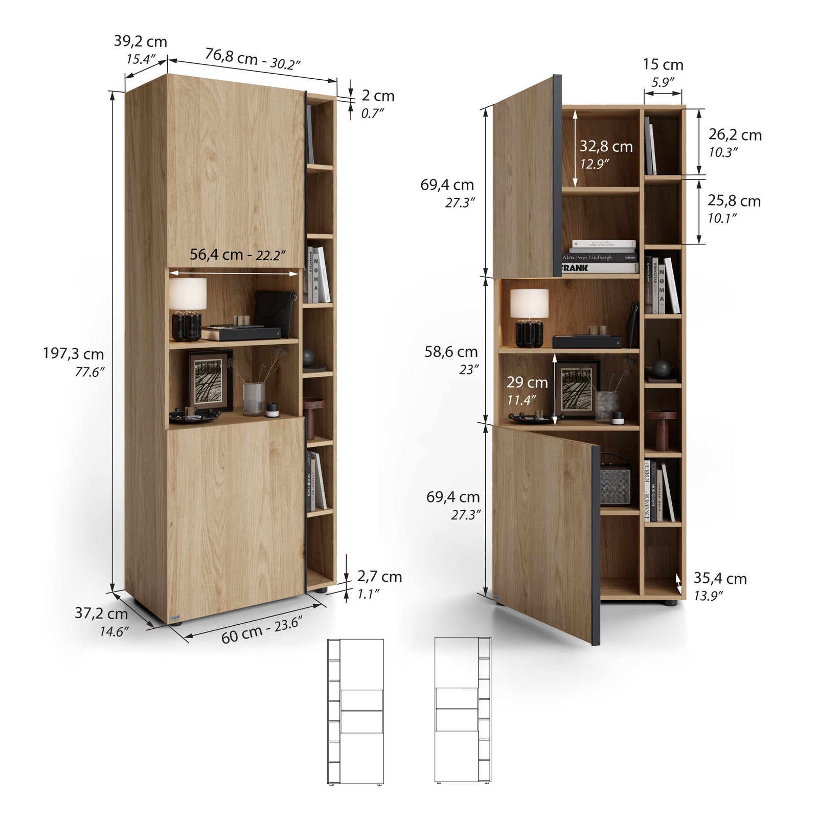 Bibliotecă Modulară Romina (153,6 x 200 cm), Stejar Natural - Immagine tecnica 1