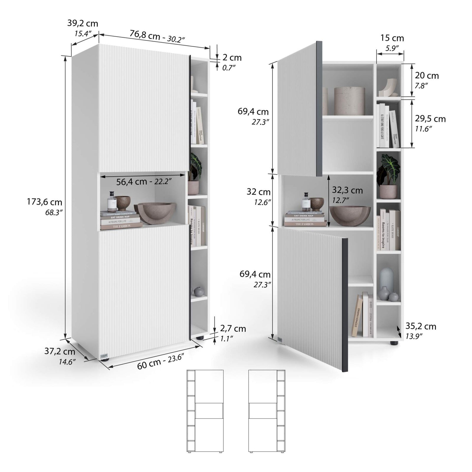 Modulares Bücherregal Romina mit gerillten Türen (153,6 x 173,6 cm), Weiß Matt - Immagine tecnica 1