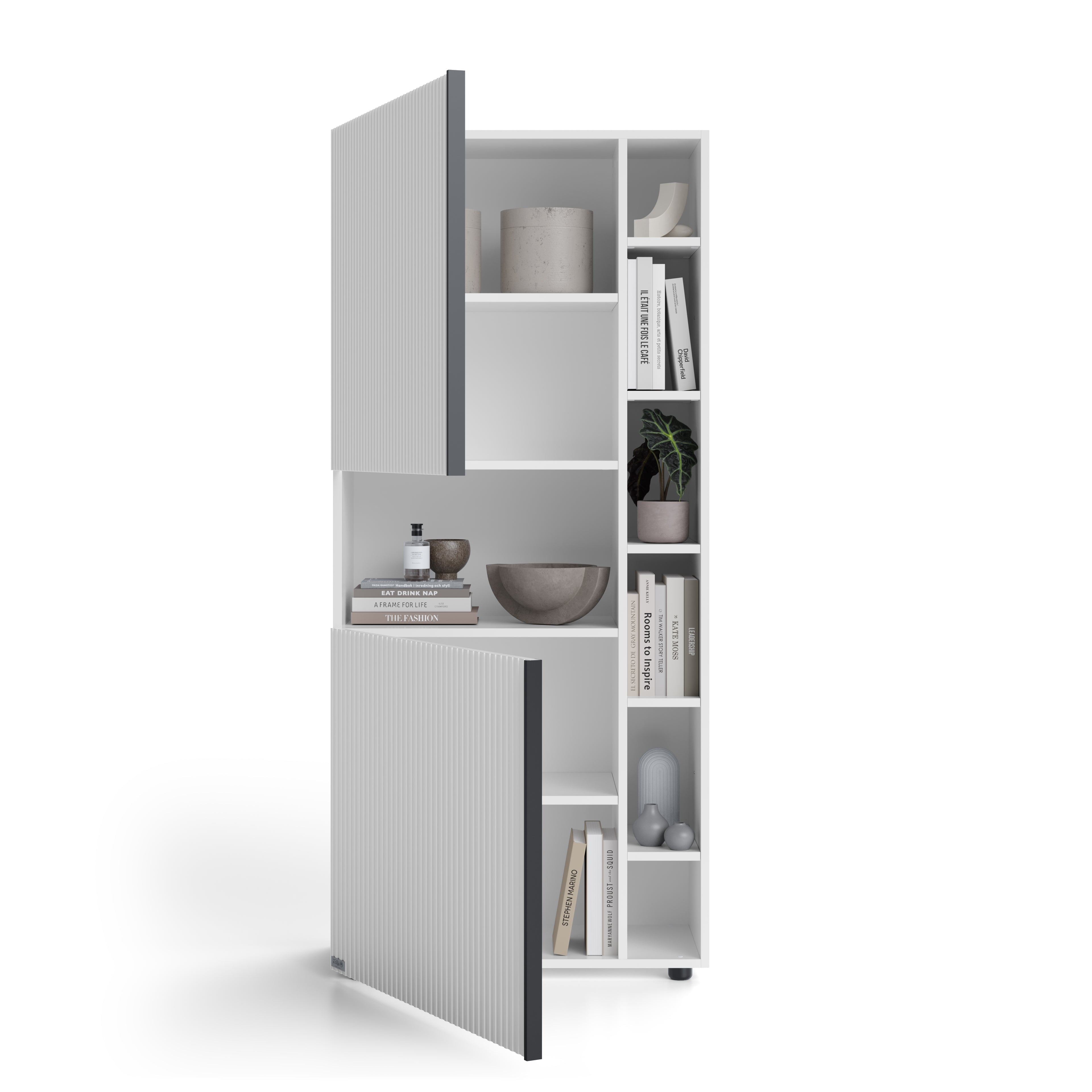 Libreria Componibile con anta in Cannettato Romina (76,8 x 173,6 cm), Bianco Opaco