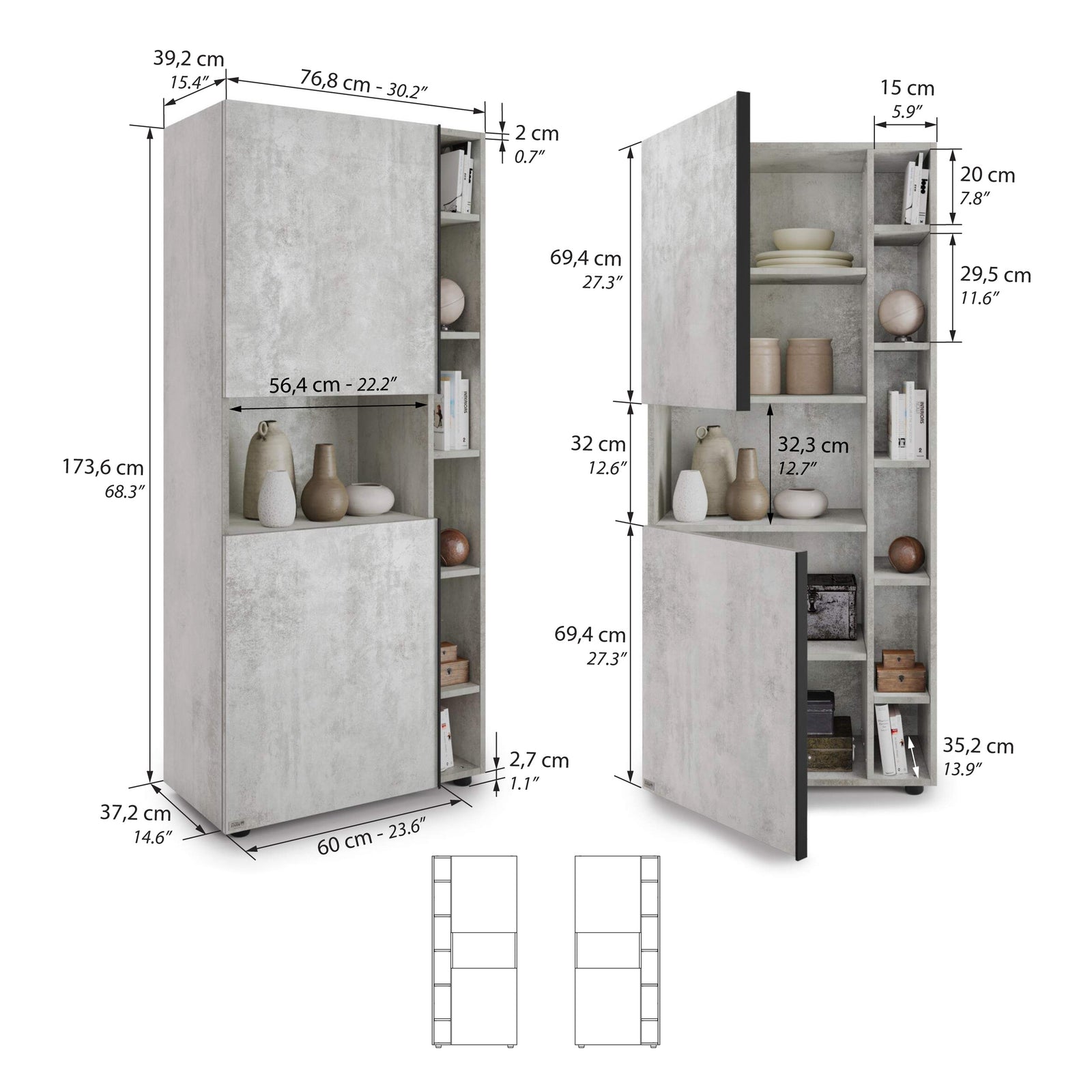 Estante Modular Romina (76,8 x 173,6 cm), Cimento Cinza - Immagine tecnica 1