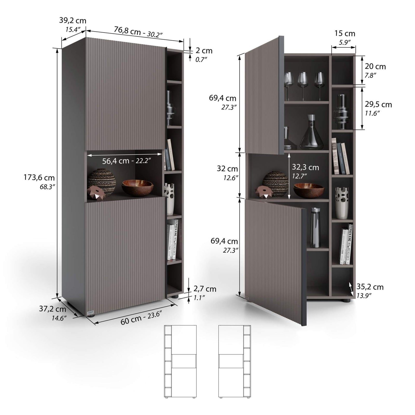 Modulares Bücherregal Romina mit gerillten Türen (153,6 x 173,6 cm), Kobaltgrau - Immagine tecnica 1