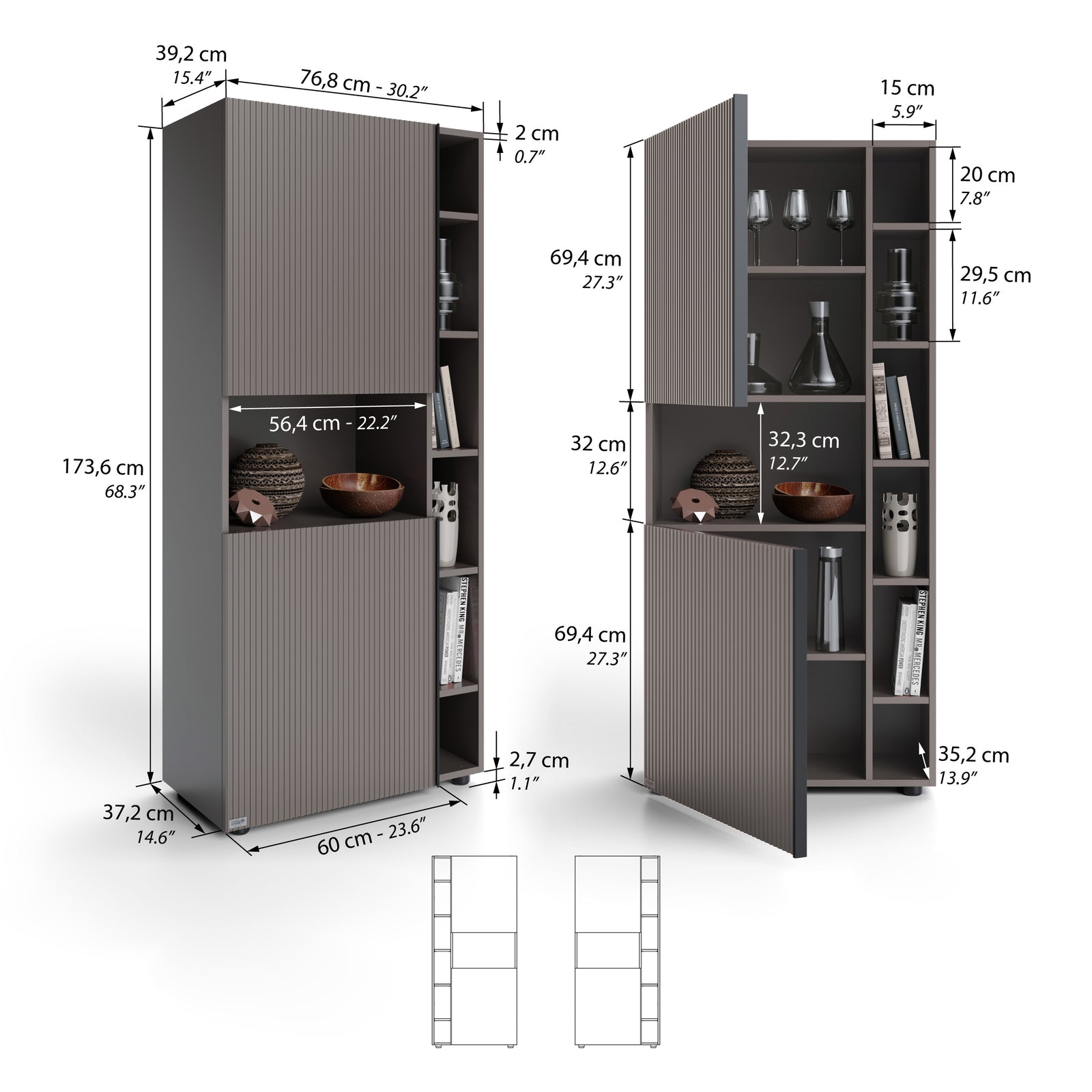 Romina Modular Bookcase with fluted doors (153.6 x 173.6 cm), Slate Grey - Immagine tecnica 1