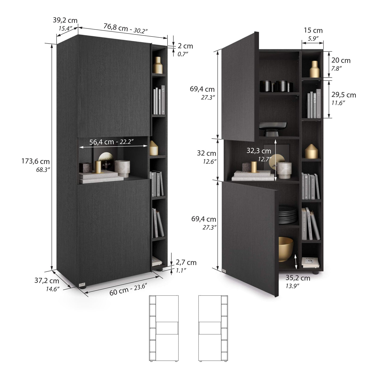 Modulares Bücherregal Romina (153,6 x 173,6 cm), Esche Schwarz - Immagine tecnica 1
