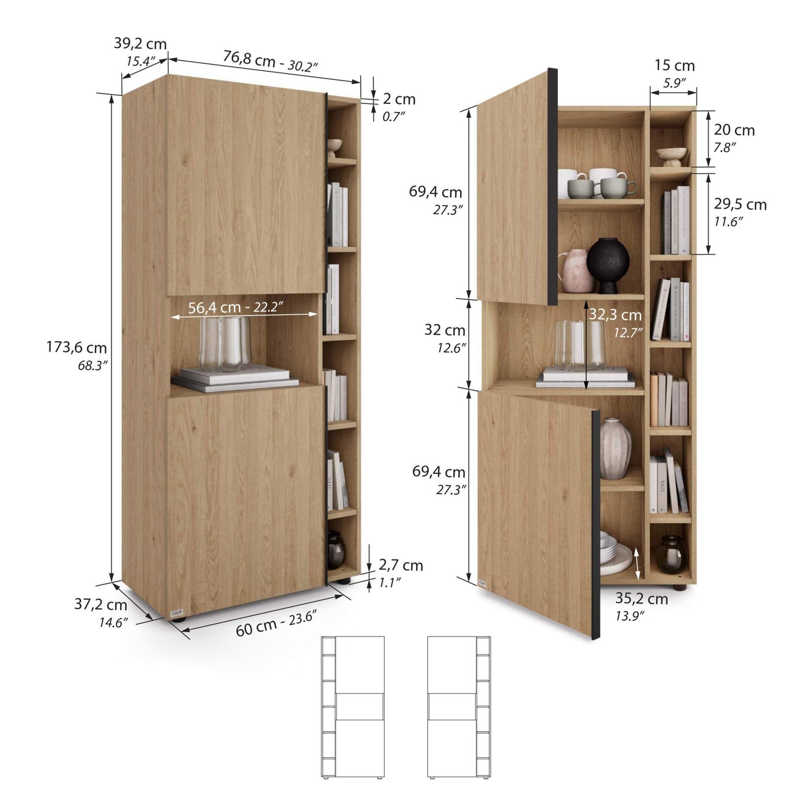 Modulares Bücherregal Romina (153,6 x 173,6 cm), Wildeiche - Immagine tecnica 1