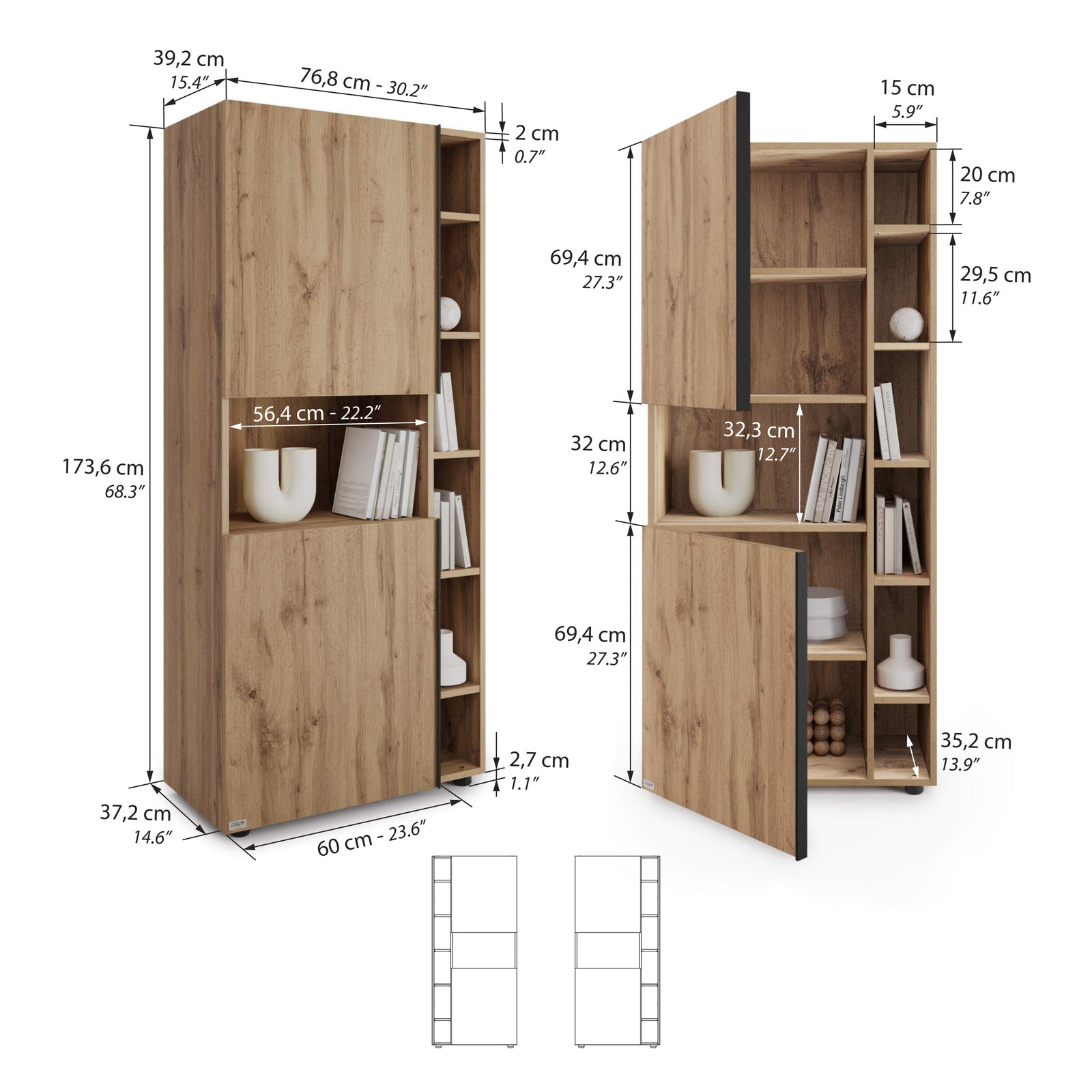 Modulares Bücherregal Romina (153,6 x 173,6 cm), Rustikale Eiche - Immagine tecnica 1