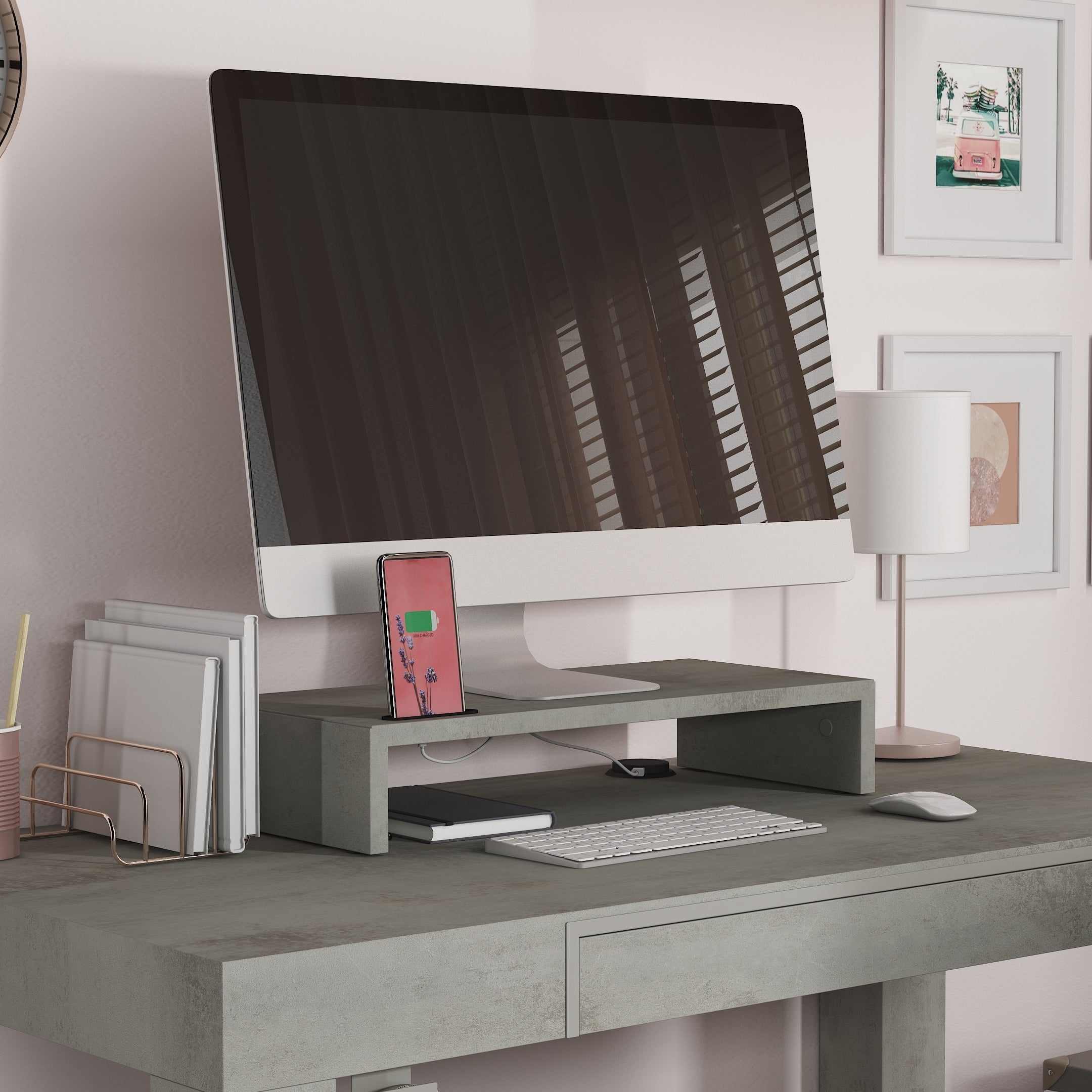 Supporto per monitor Riki da scrivania, h.10 cm, color Grigio Cemento - Immagine ambientata 1