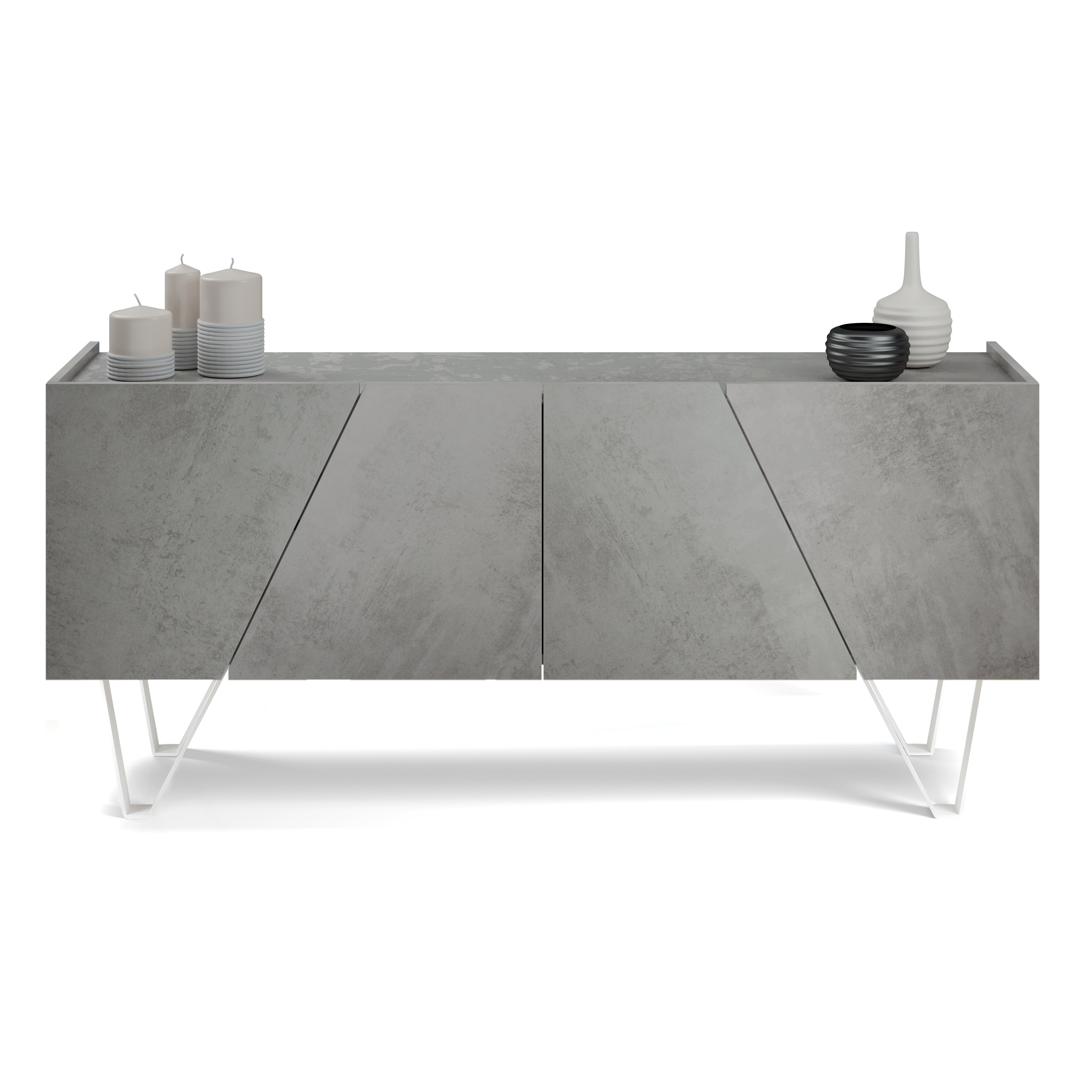 Emma, Buffet-Sideboard, 4 Türen, grauer Beton, mit weißen Beinen