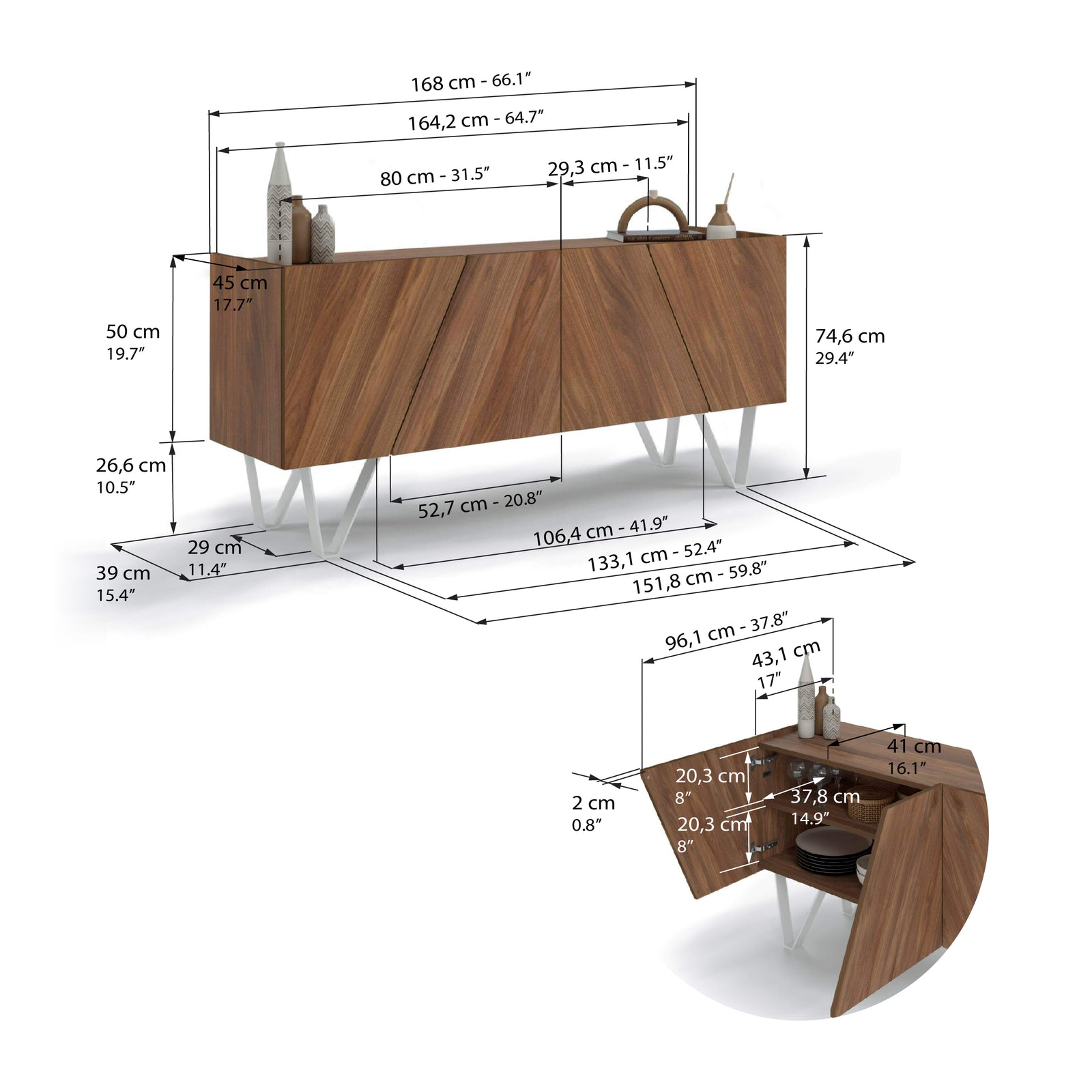 Emma, Sideboard mit 4 Türen, mit weißen Beinen, Nussbaum Canaletto - Immagine tecnica 1