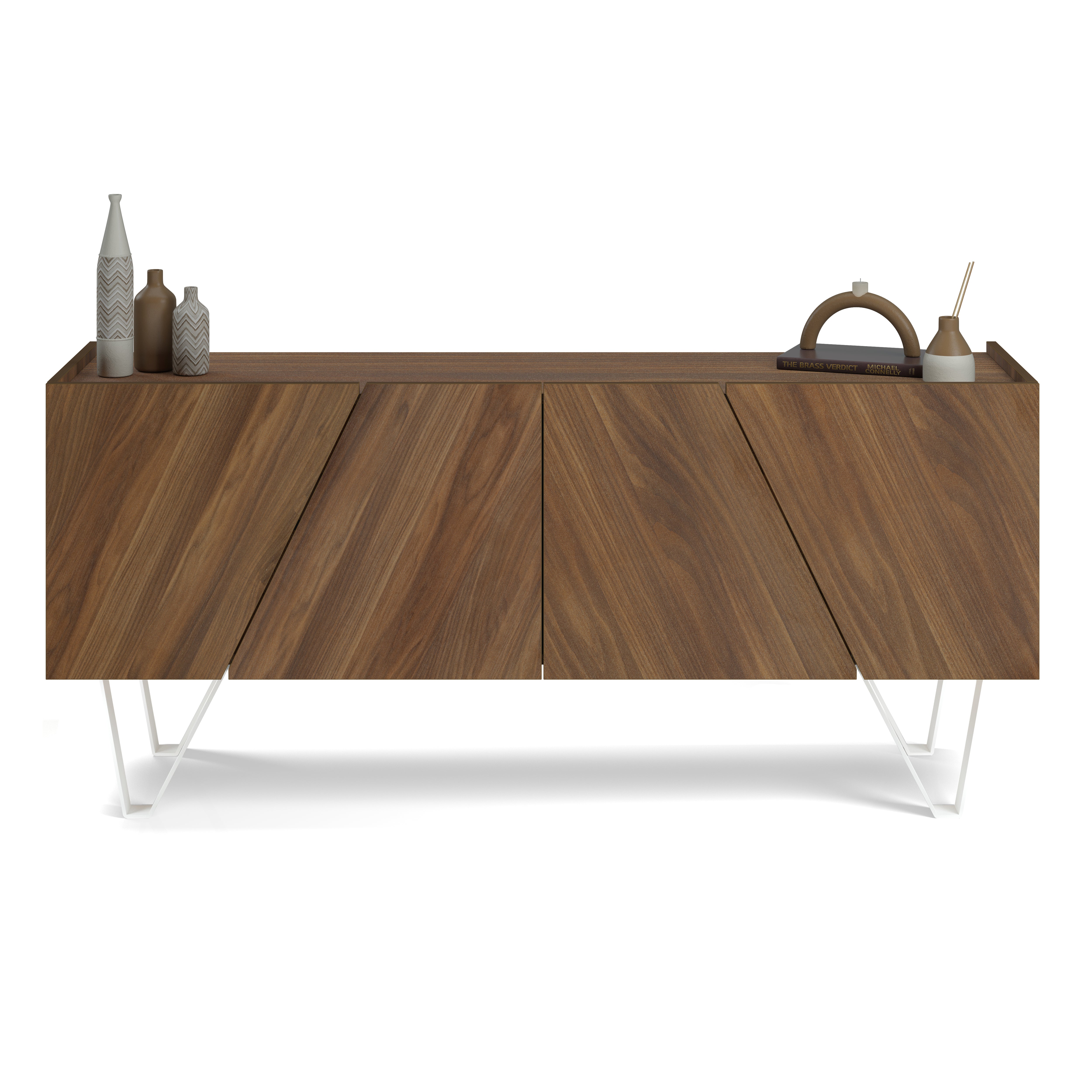 Buffet 4 portes Emma, Noyer, avec pieds blancs
