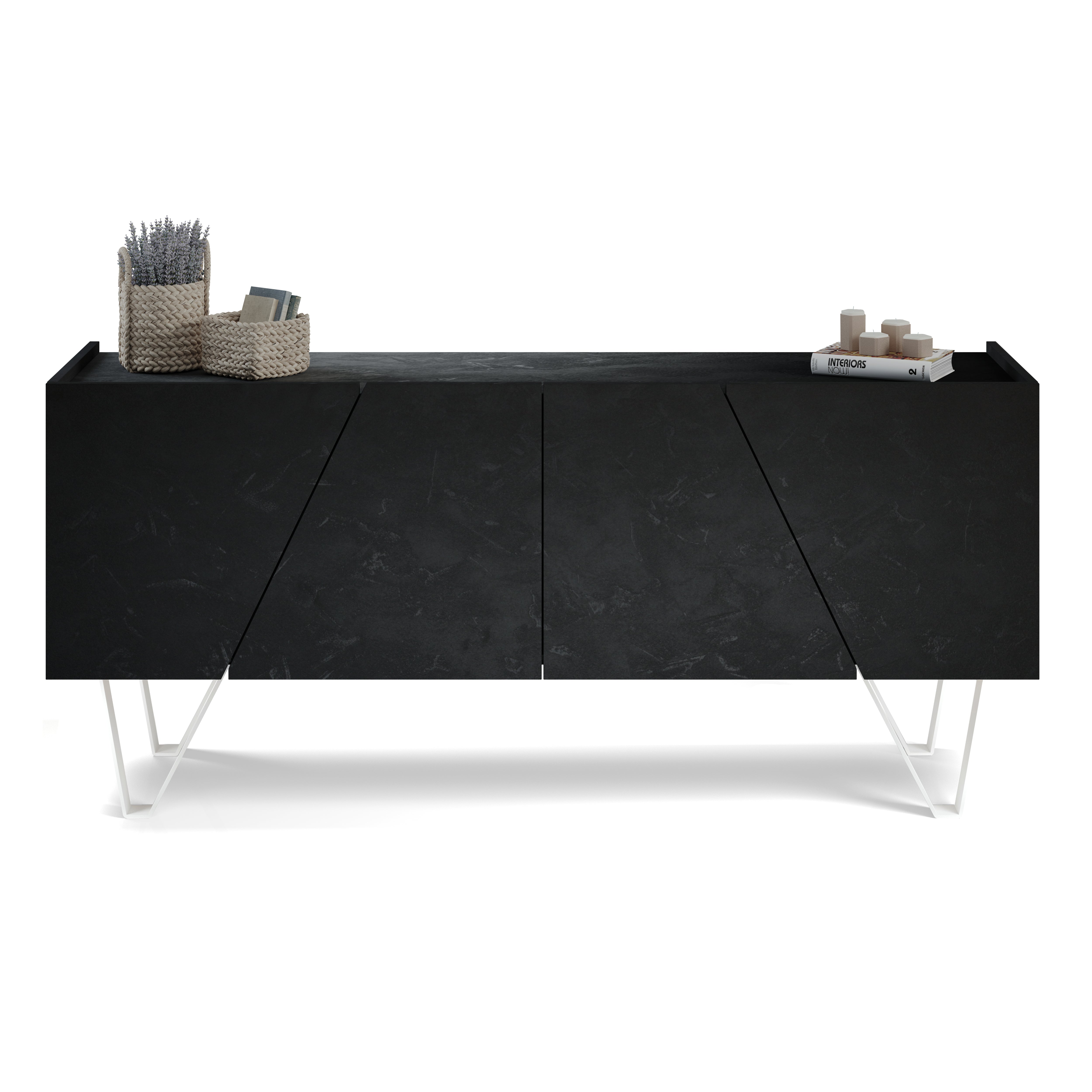 Buffet 4 portes Emma, béton noir, avec pieds blancs