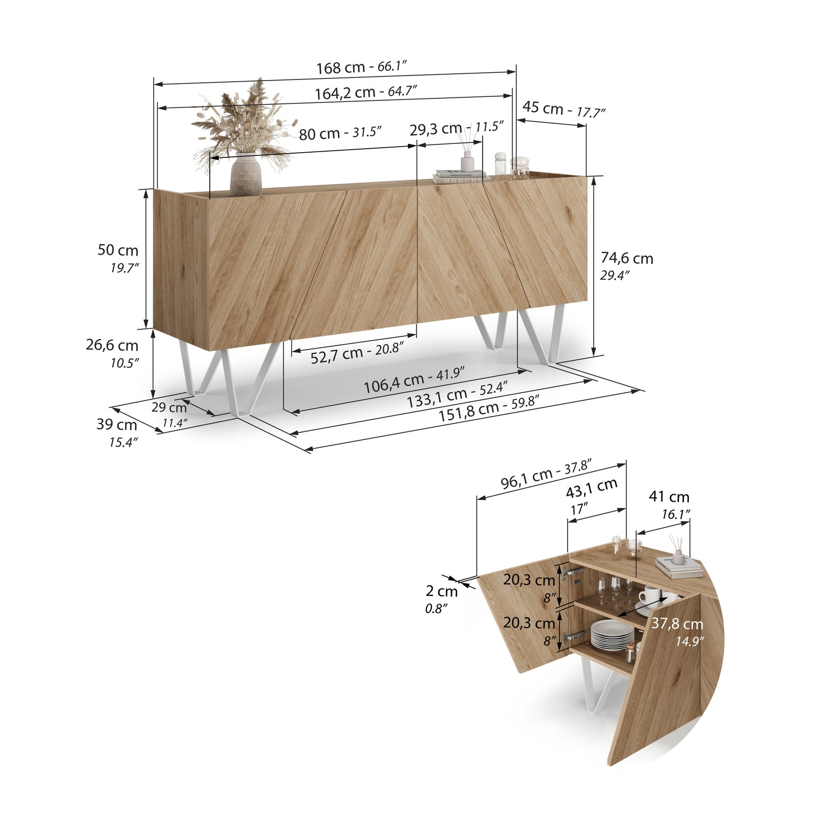 Madia-Buffet 4 ante Emma con gambe bianche, Rovere Naturale - Immagine tecnica 1