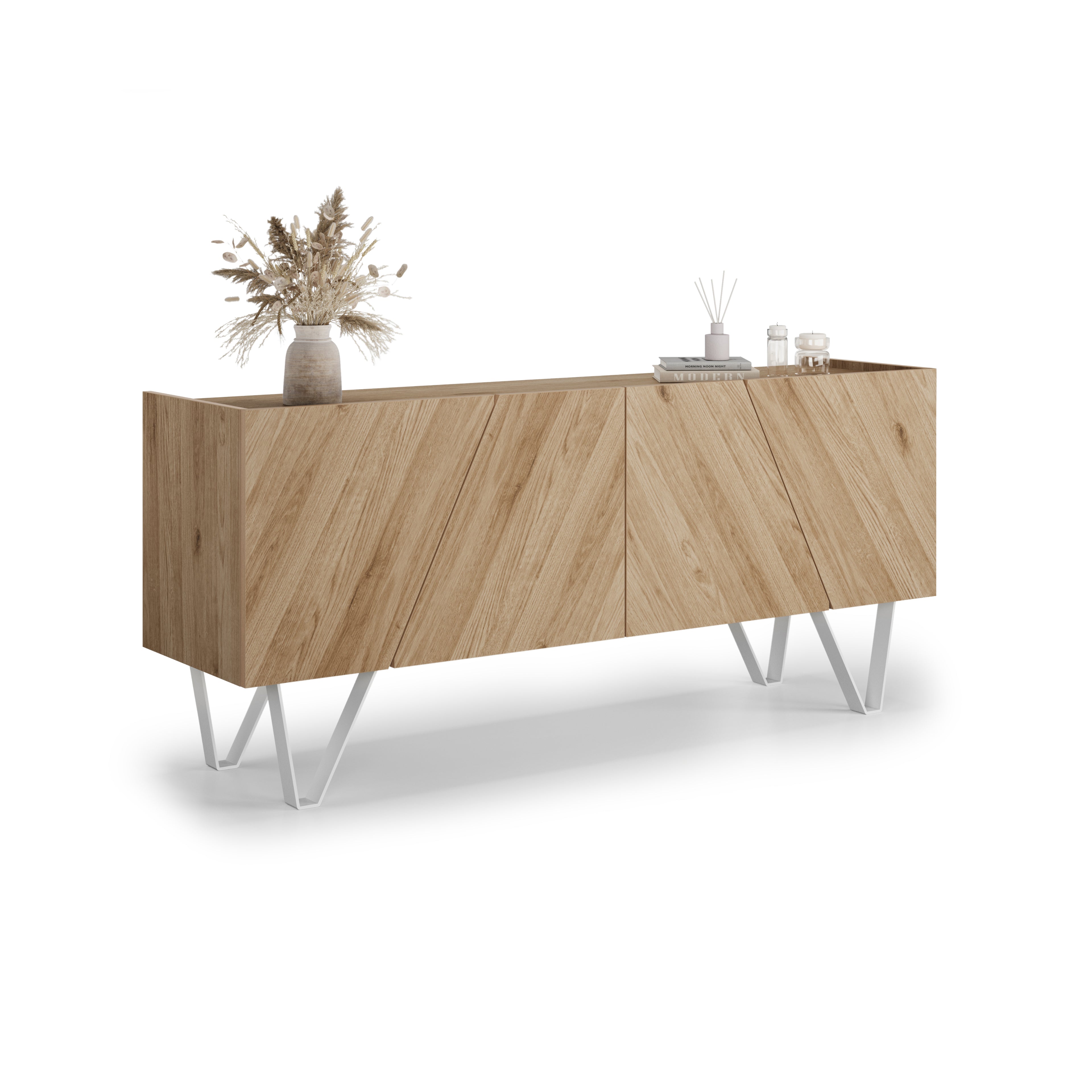 Buffet 4 portes Emma avec pieds blancs, chêne clair
