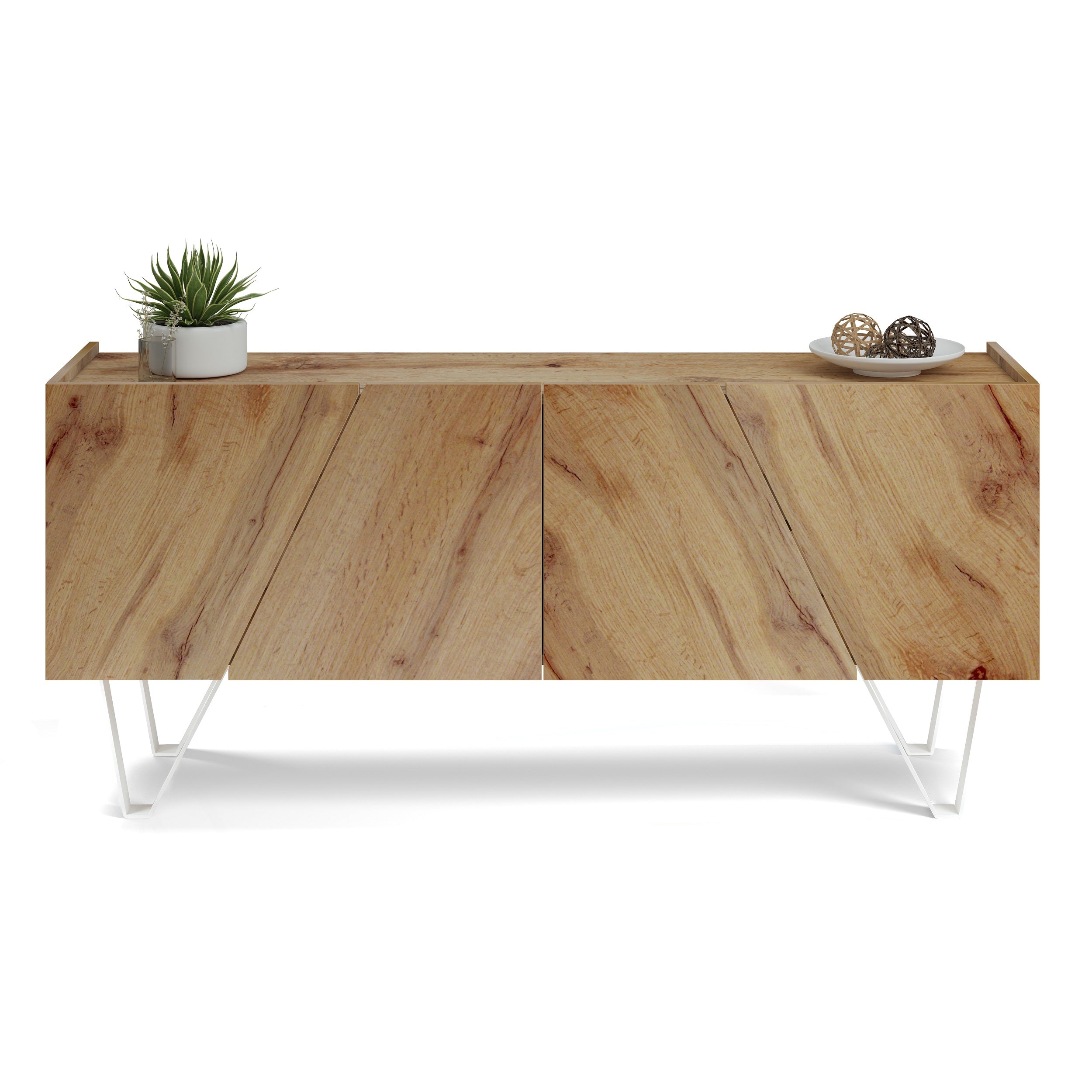 Buffet 4 portes Emma, bois rustique, avec pieds blancs