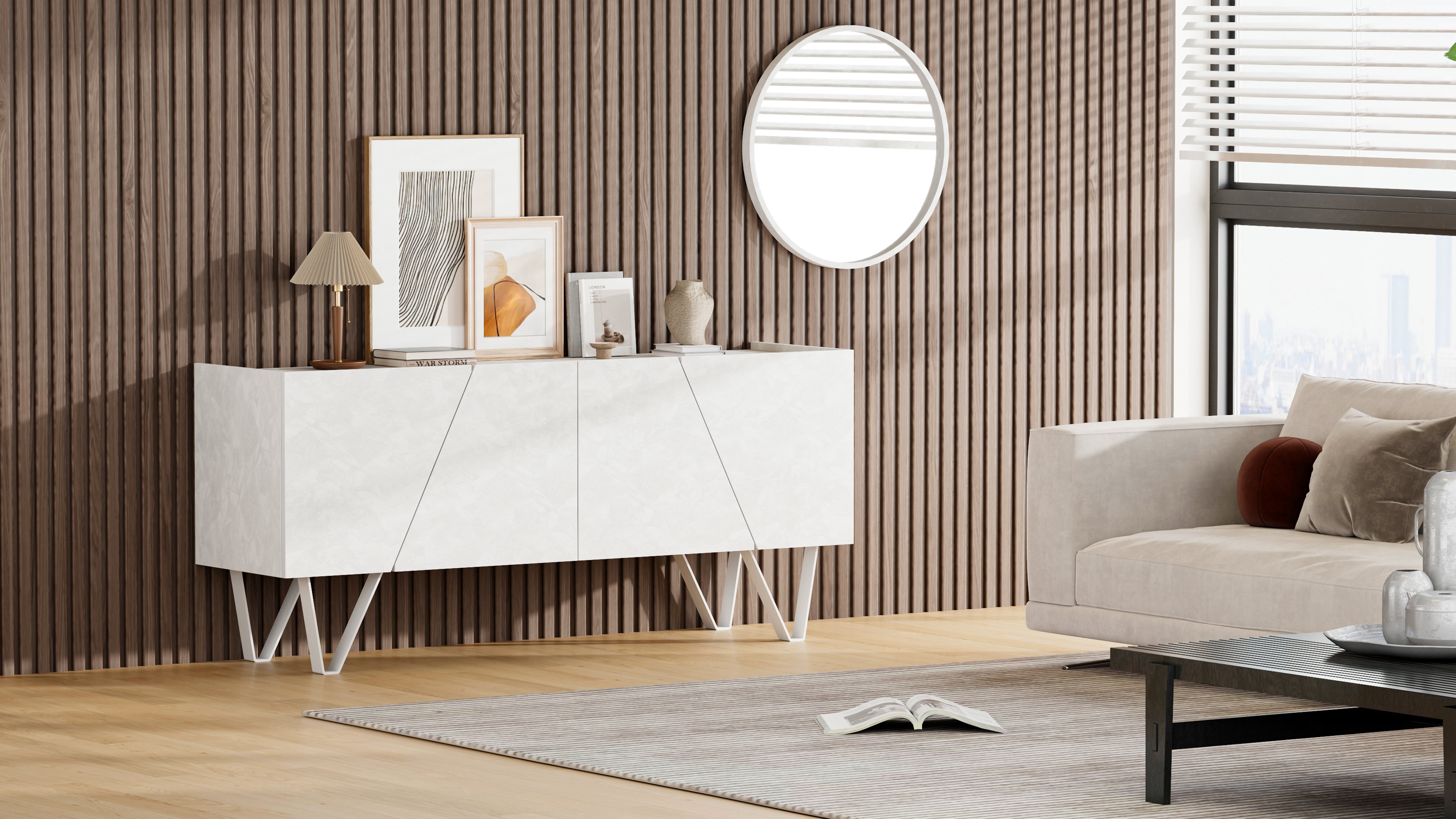 Emma 4-türiges Sideboard mit weißen Beinen, weißer Beton - Set image 5