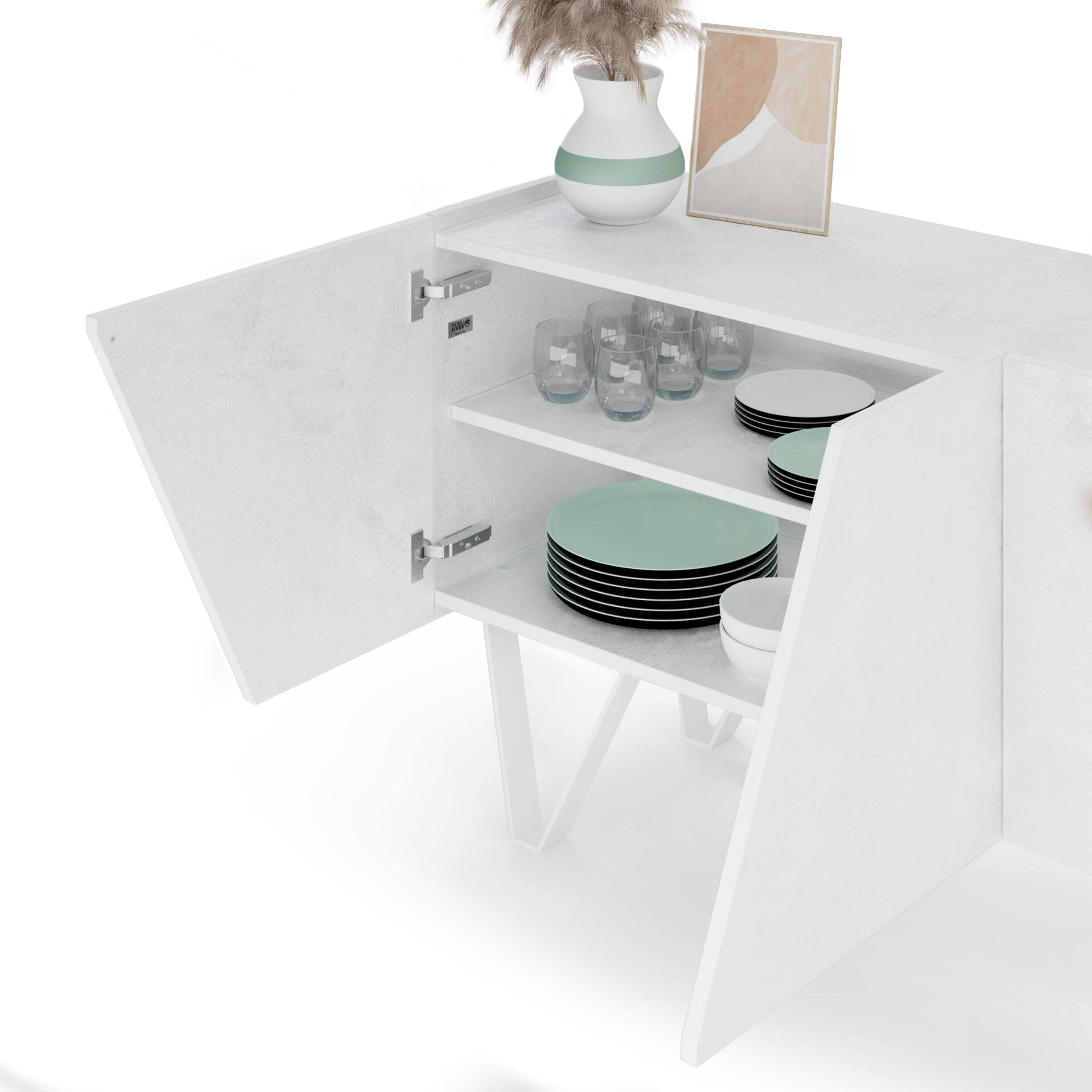 Buffet 4 portes Emma, Blanc béton, avec pieds blancs