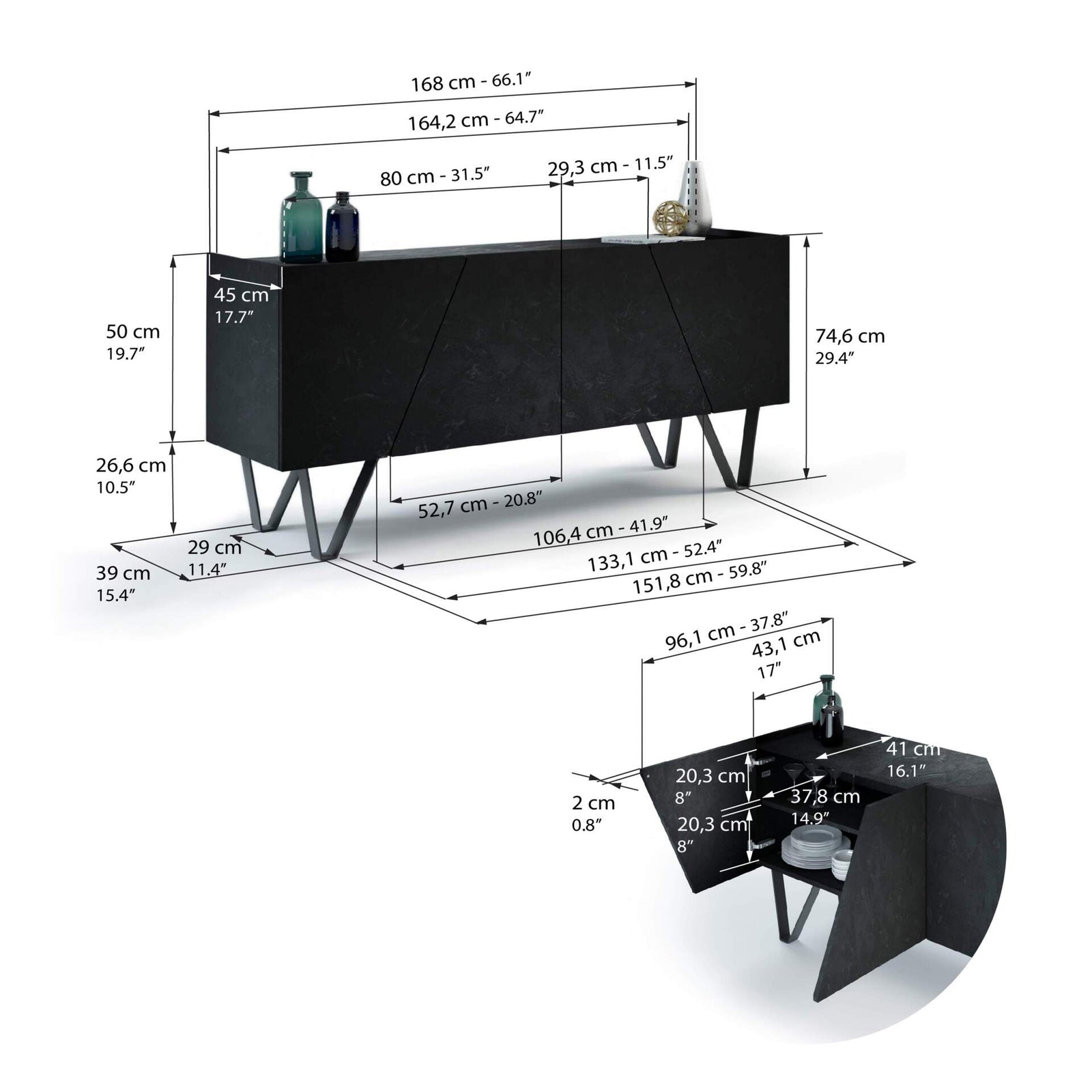 Madia-Buffet 4 ante Emma con gambe nere, Nero Cemento - Immagine tecnica 1