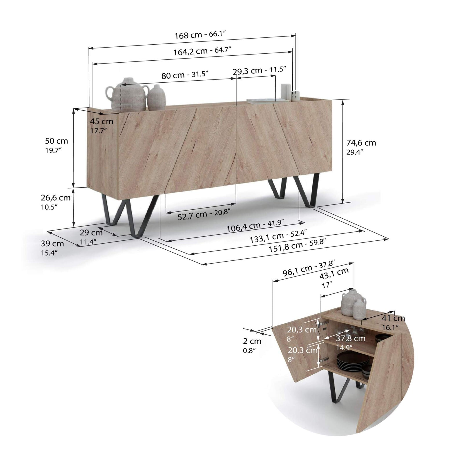 Madia-Buffet 4 ante Emma con gambe nere, Quercia - Immagine tecnica 1