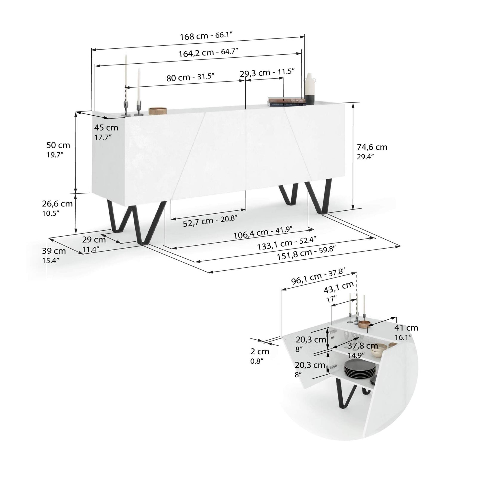 Madia-Buffet 4 ante Emma con gambe nere, Cemento Bianco - Immagine tecnica 1