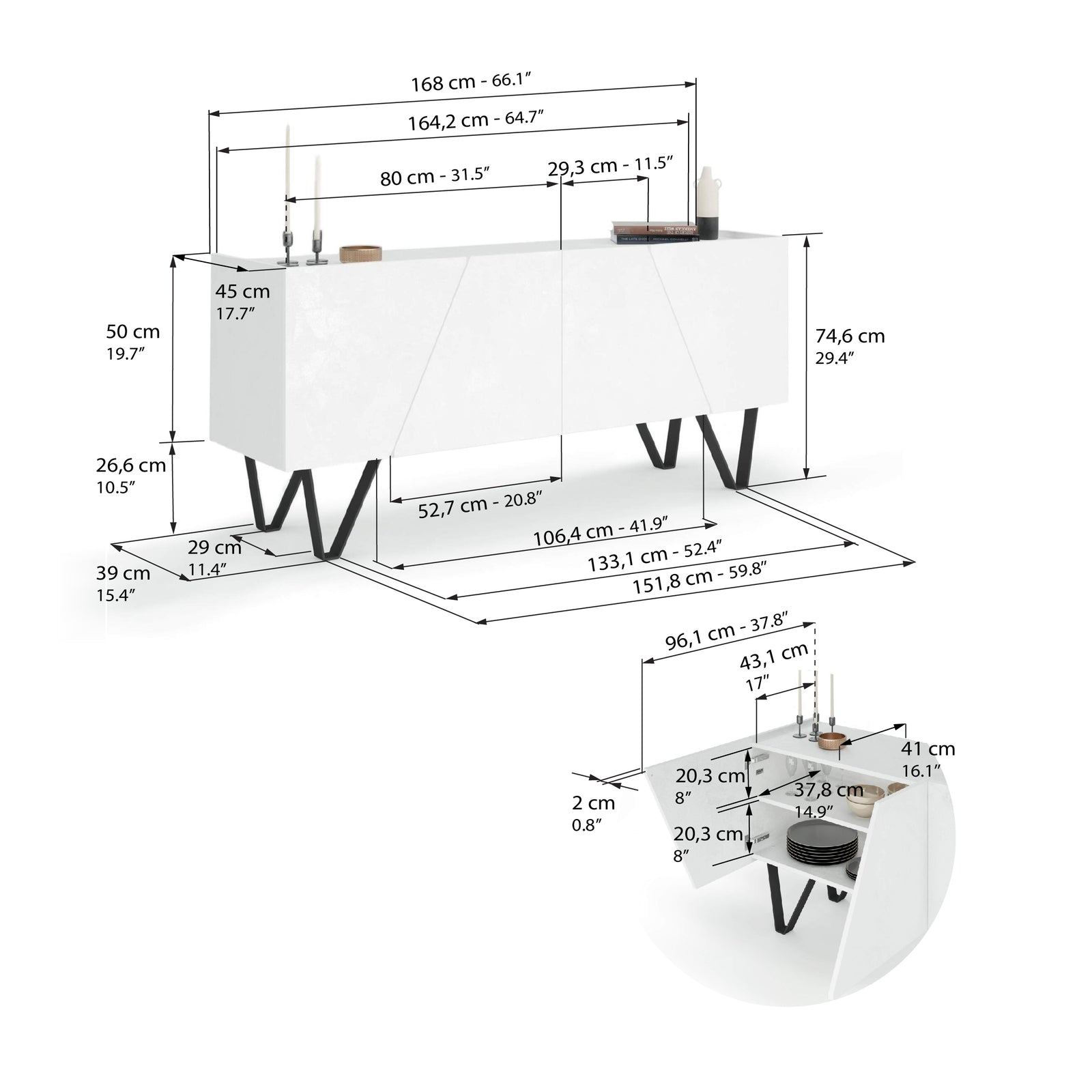 Dressoir-Buffet 4 deuren Emma met zwarte poten, Cementwit - Immagine tecnica 1