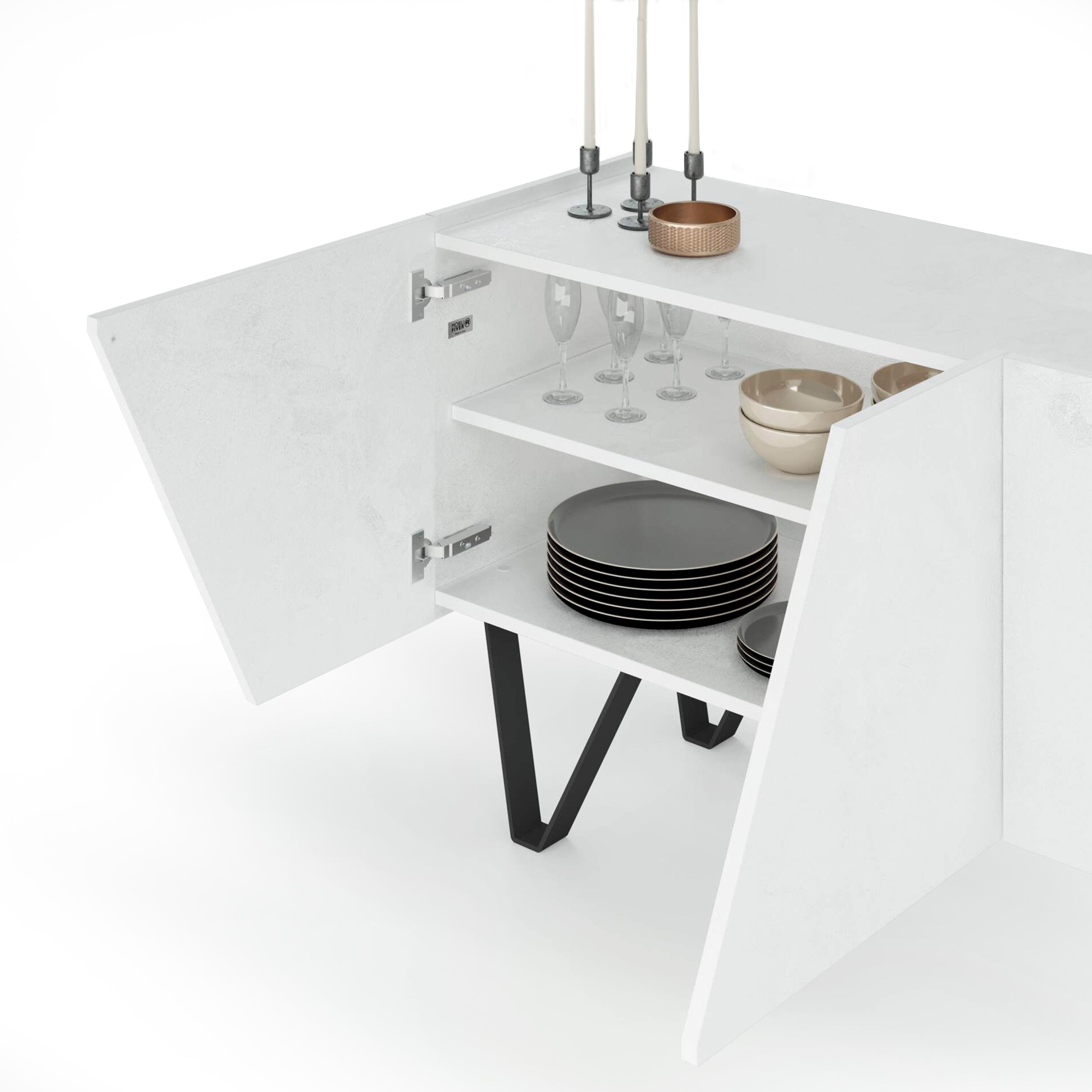 Buffet 4 portes Emma, Blanc béton, avec pieds noirs