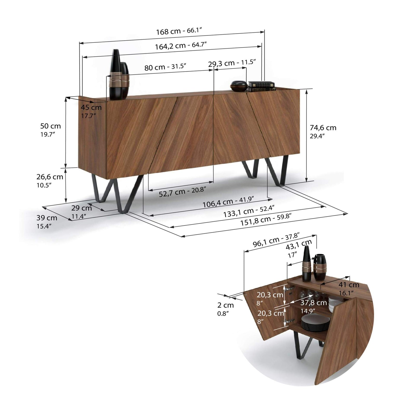 Madia-Buffet 4 ante Emma con gambe nere, Noce Canaletto - Immagine tecnica 1