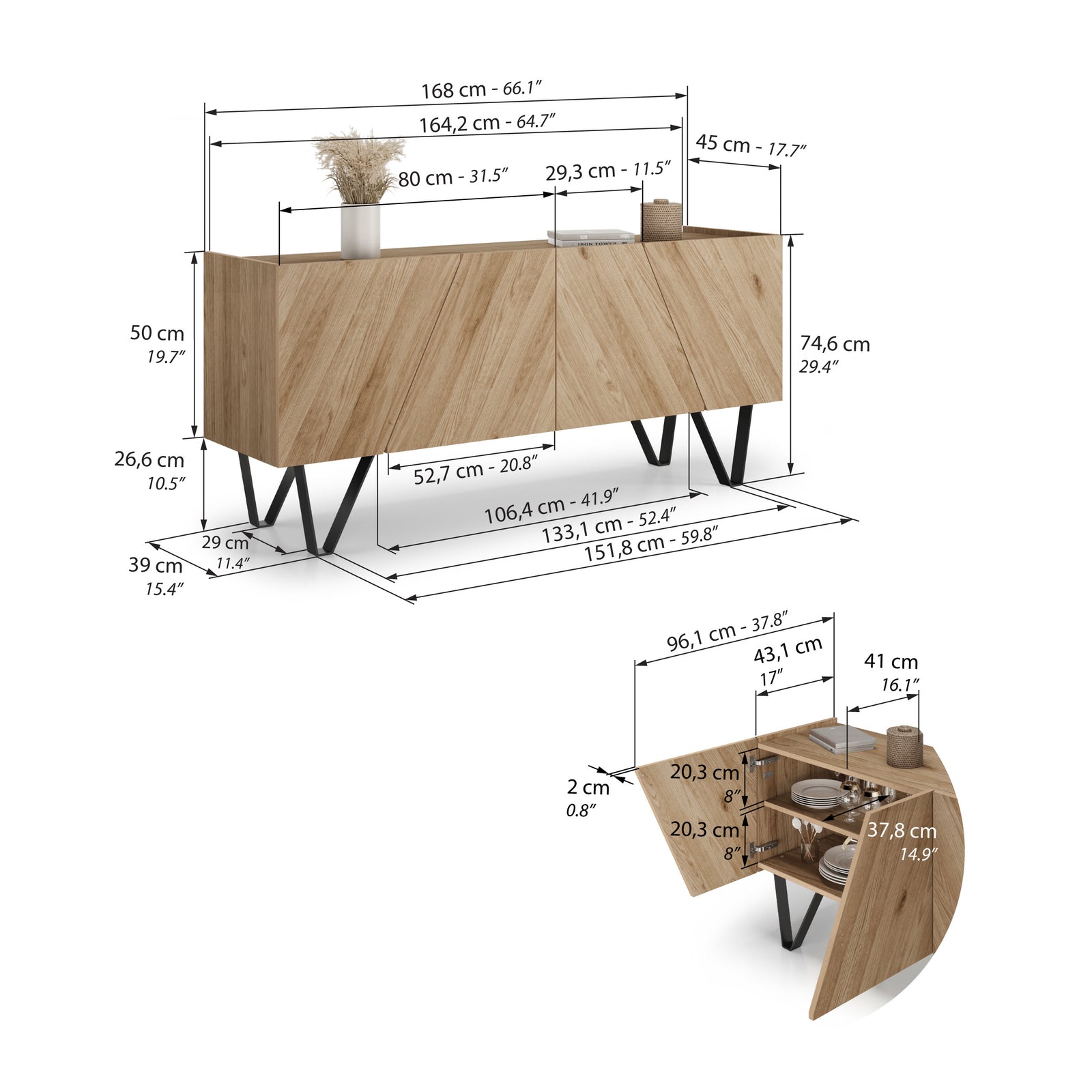 Aparador Emma de 4 puertas con patas negras, madera natural - Immagine tecnica 1