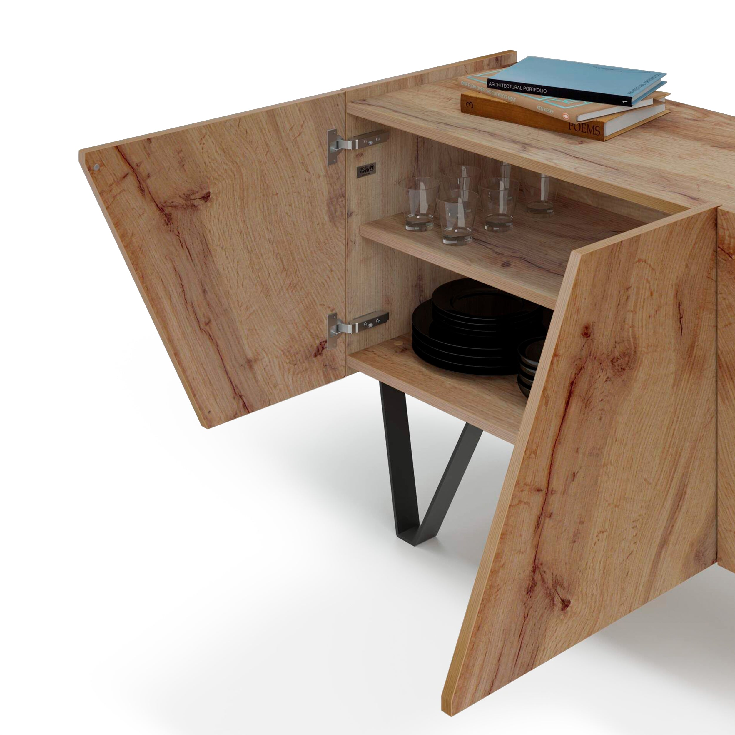 Buffet 4 portes Emma, bois rustique, avec pieds noirs